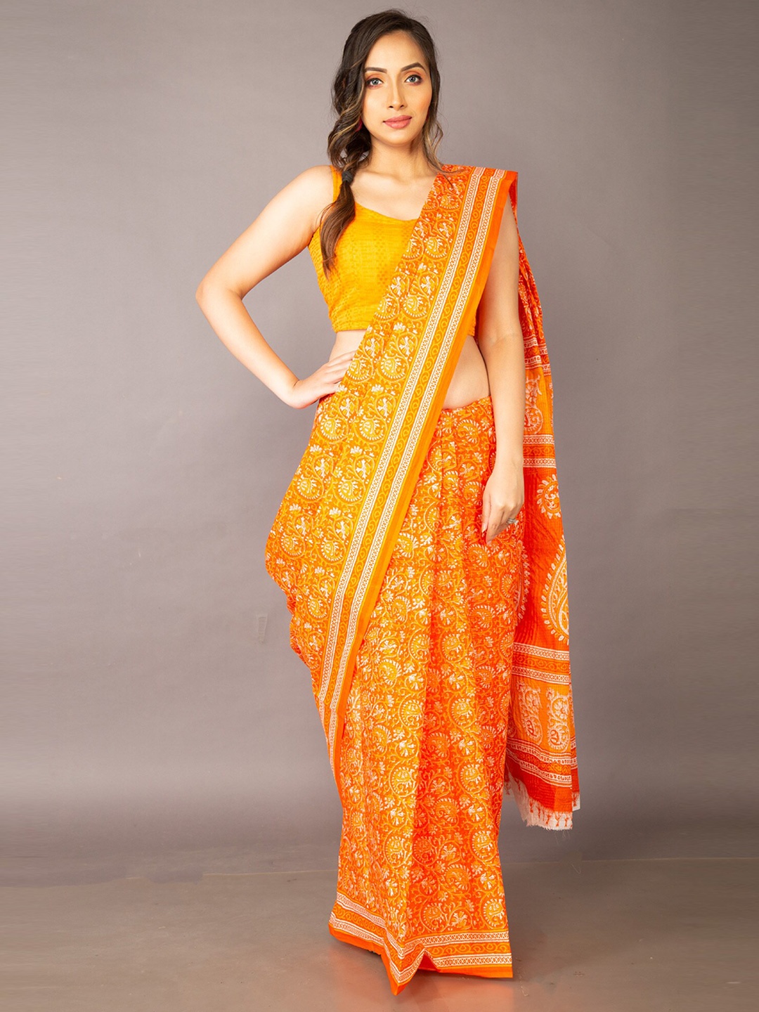 

Unnati Silks Orange & White Ethnic Motifs Printed Pure Cotton Saree