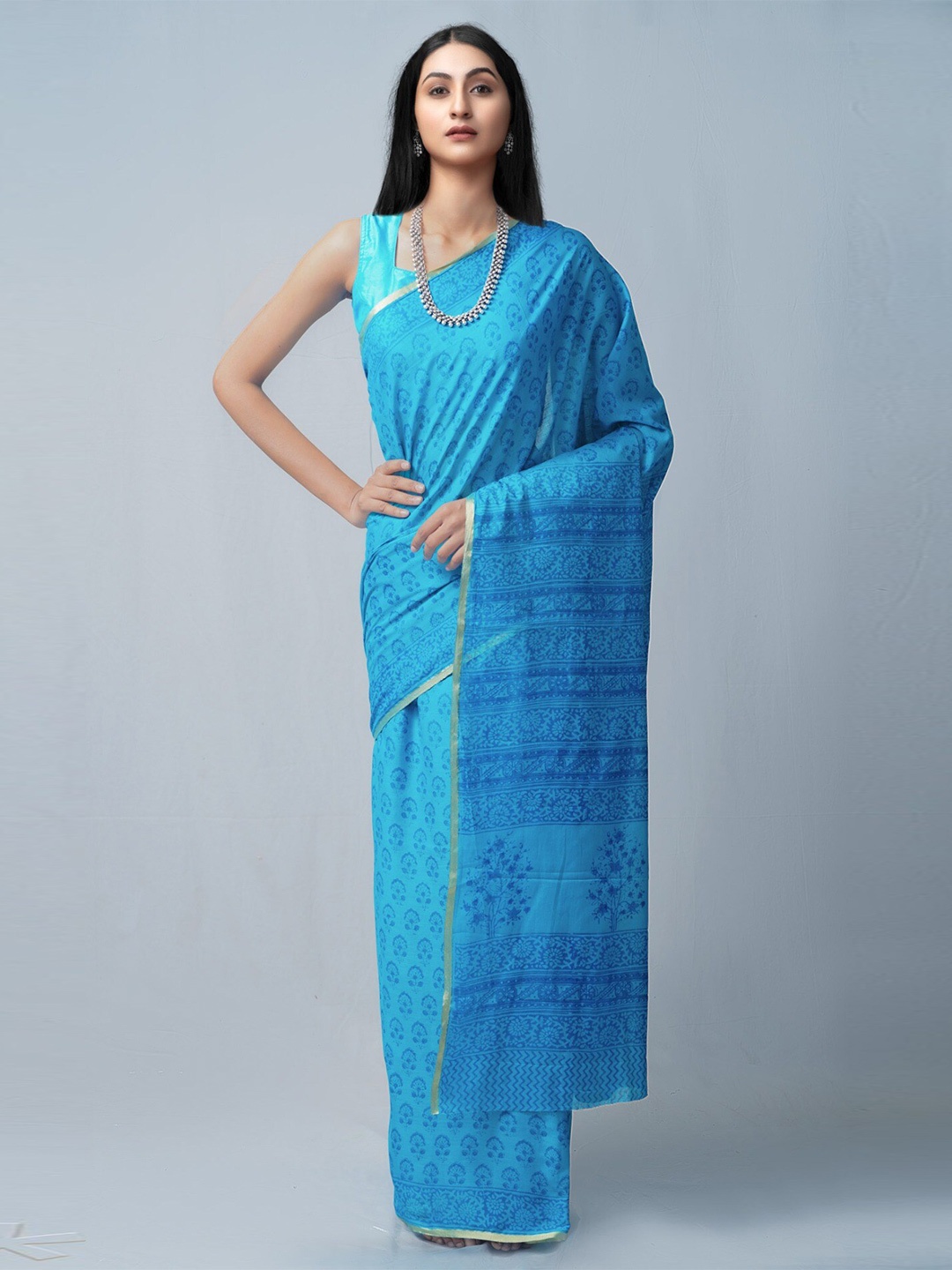 

Unnati Silks Blue & Navy Blue Bagh Zari Pure Cotton Venkatgiri Saree