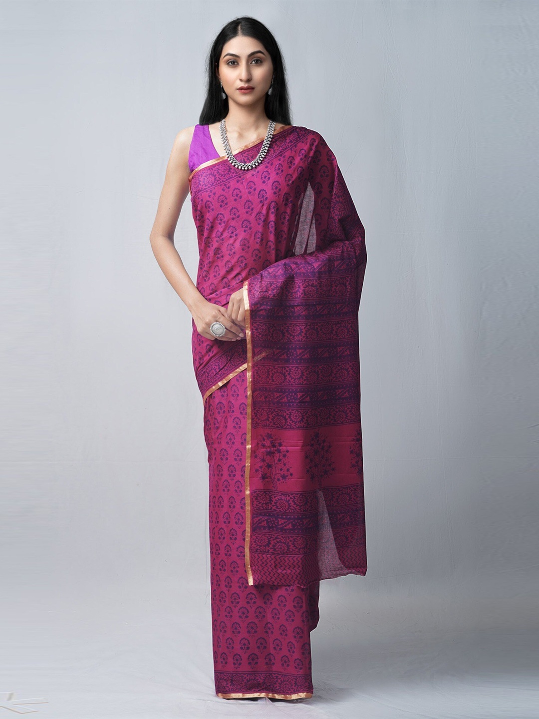 

Unnati Silks Purple & Gold-Toned Bagh Zari Pure Cotton Venkatgiri Saree