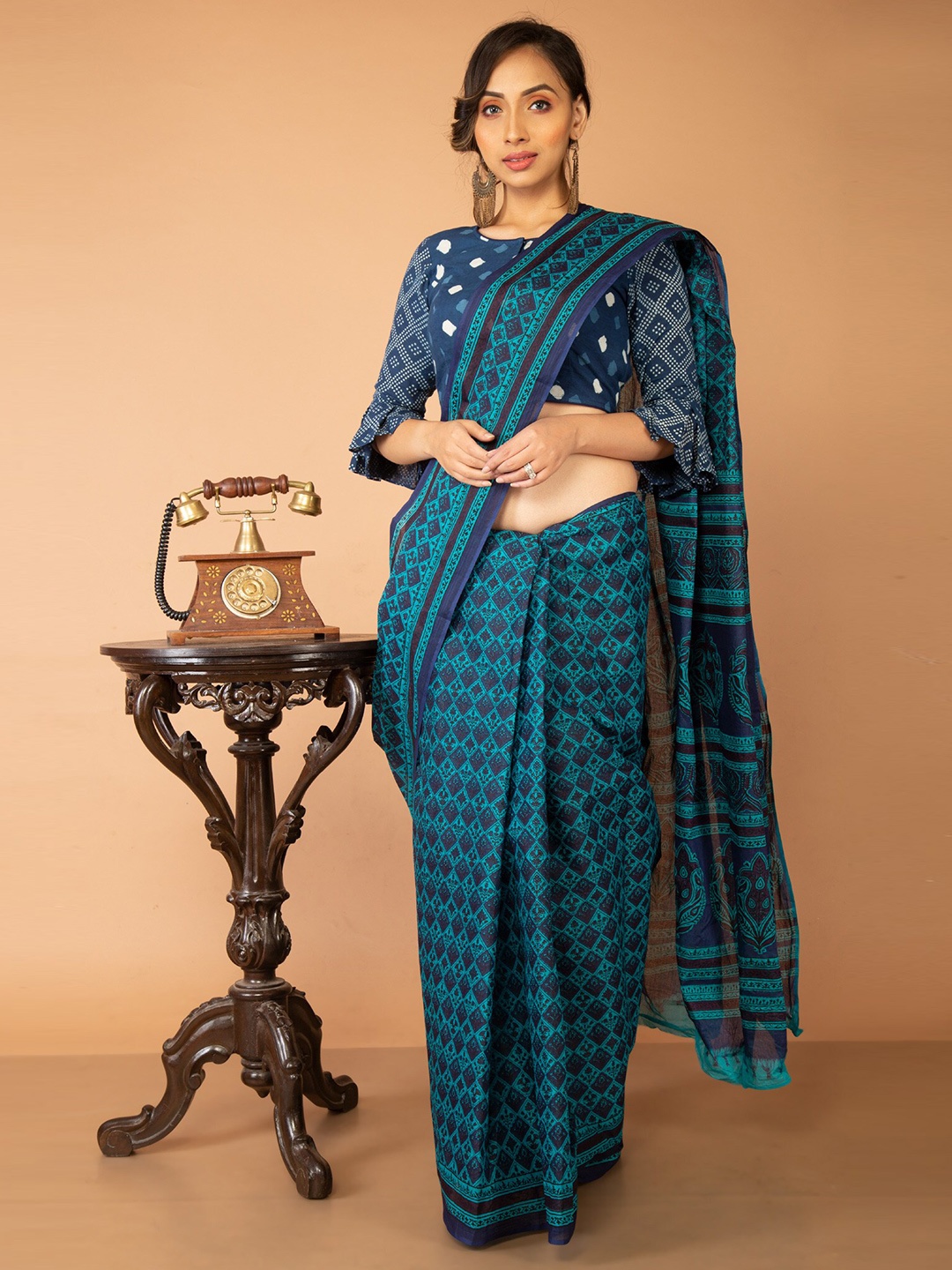 

Unnati Silks Blue & Black Printed Pure Cotton Kovai Saree