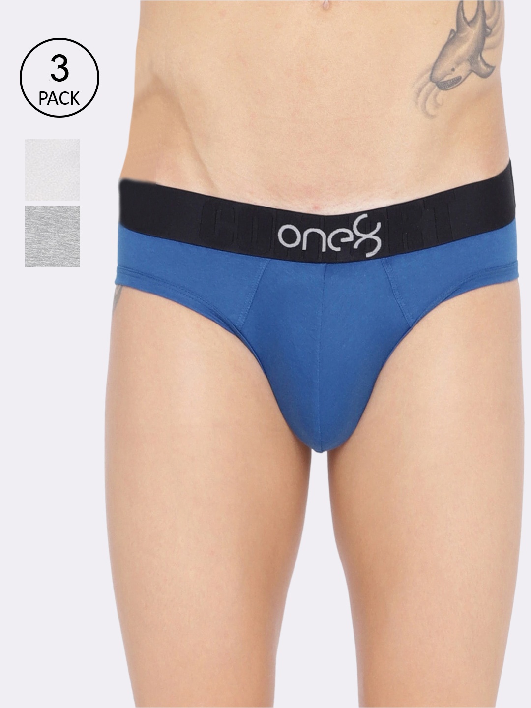 

one8 by Virat Kohli Men Pack Of 3 Blue, Grey & White Solid Cotton Briefs