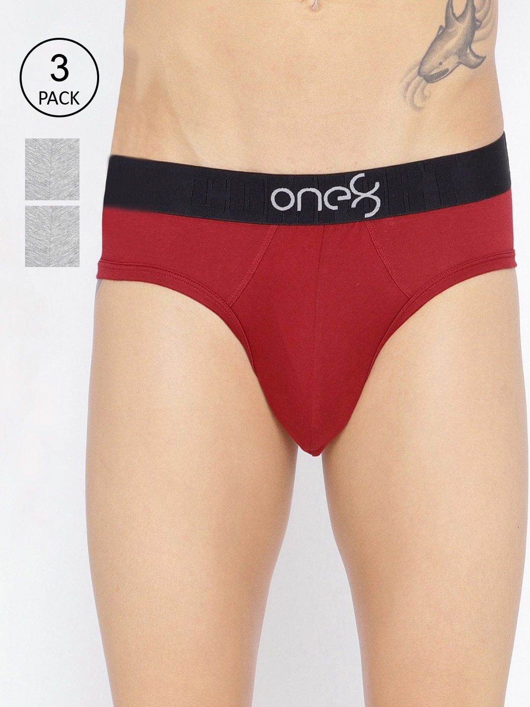 

one8 by Virat Kohli Men Pack Of 3 Solid Low-Rise Basic Briefs 104-PO3-Greymel/Greymel/Maroon, Red