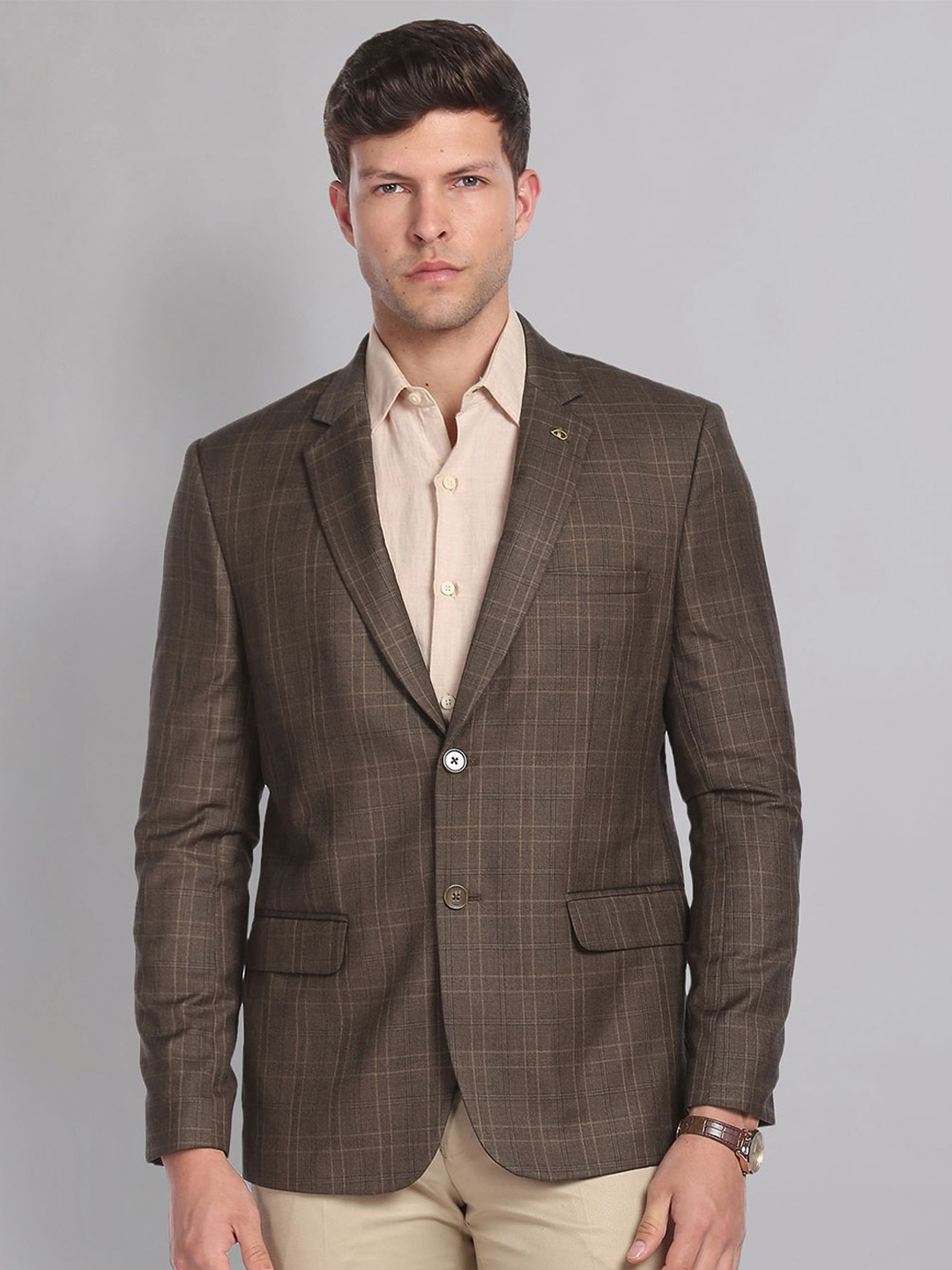 

AD By Arvind Men Brown Checked Single-Breasted Formal Blazer