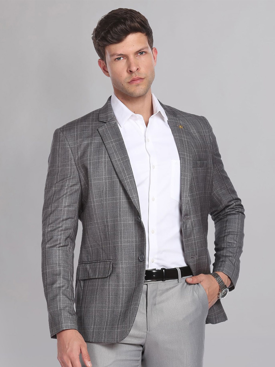 

AD By Arvind Men Grey Checked Single-Breasted Tailored-Fit Formal Blazer