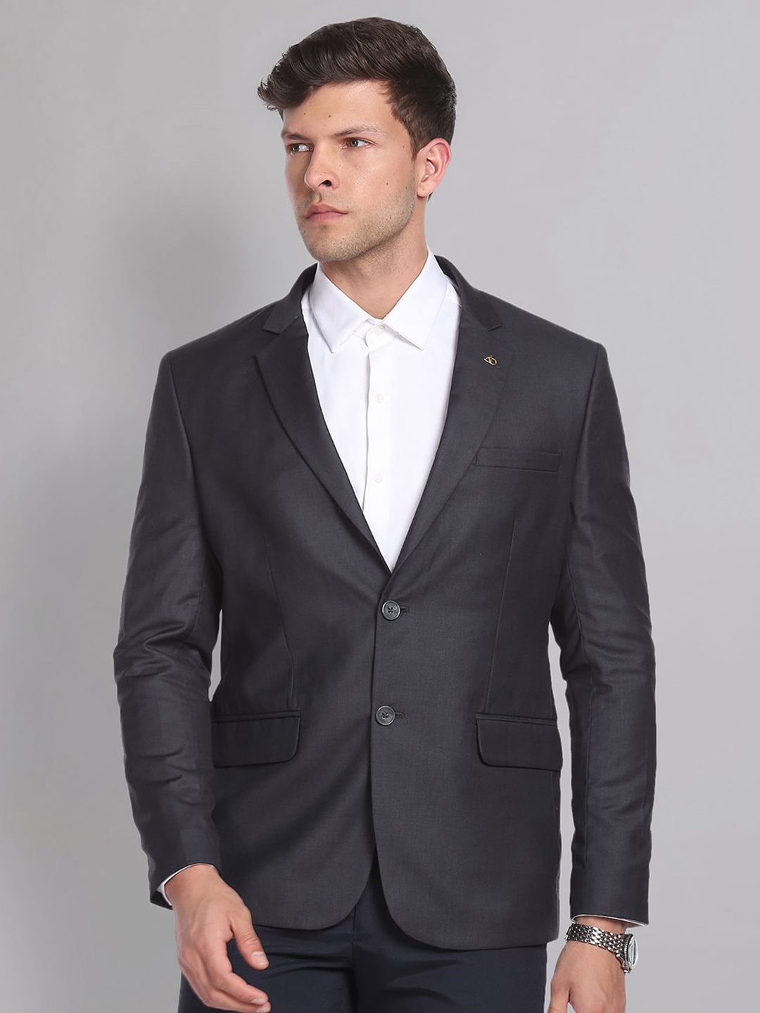 

AD By Arvind Men Dark Grey Tailored-Fit Single-Breasted Formal Blazer