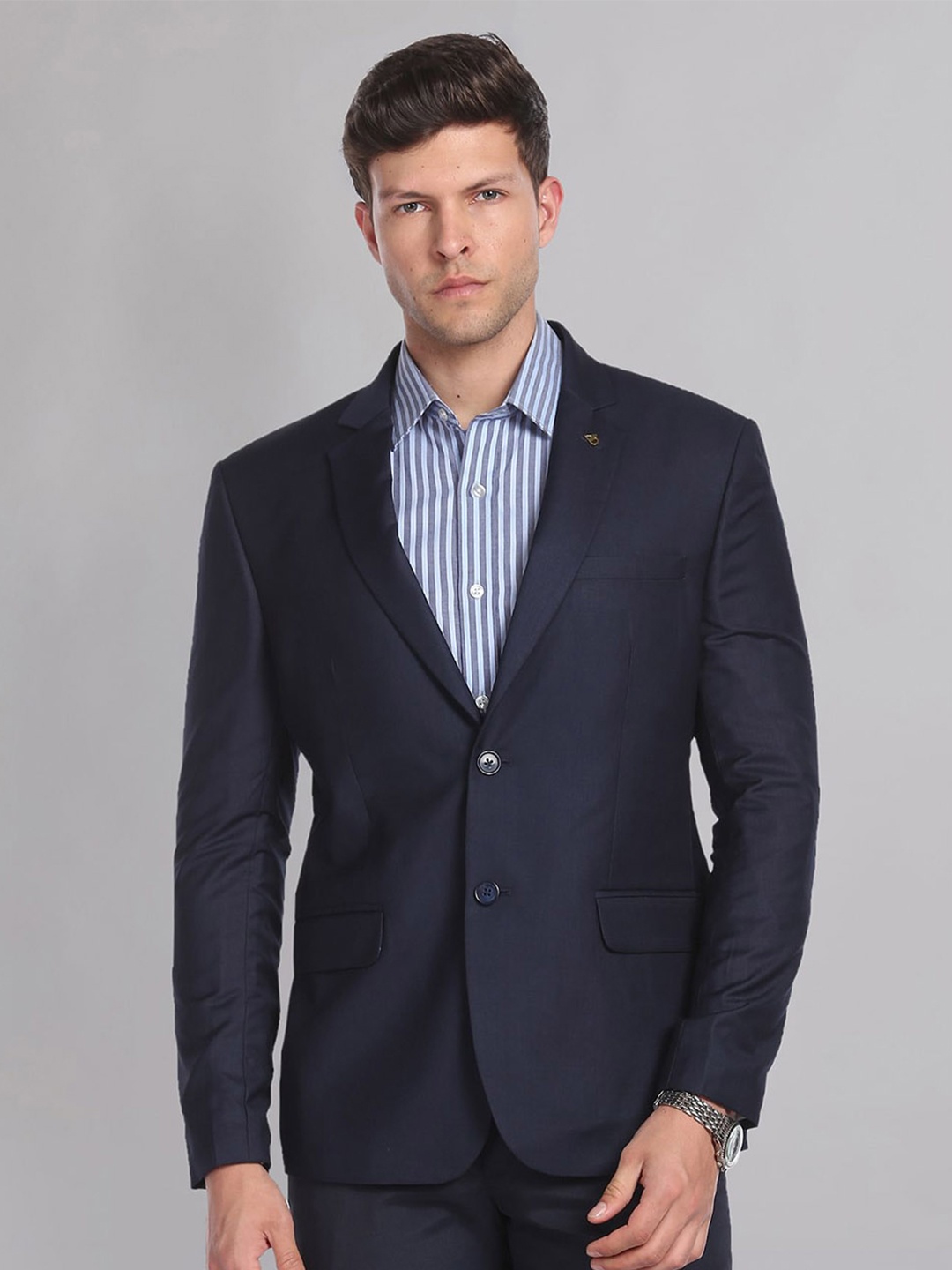 

AD By Arvind Men Navy Blue Solid Single Breasted Formal Blazer