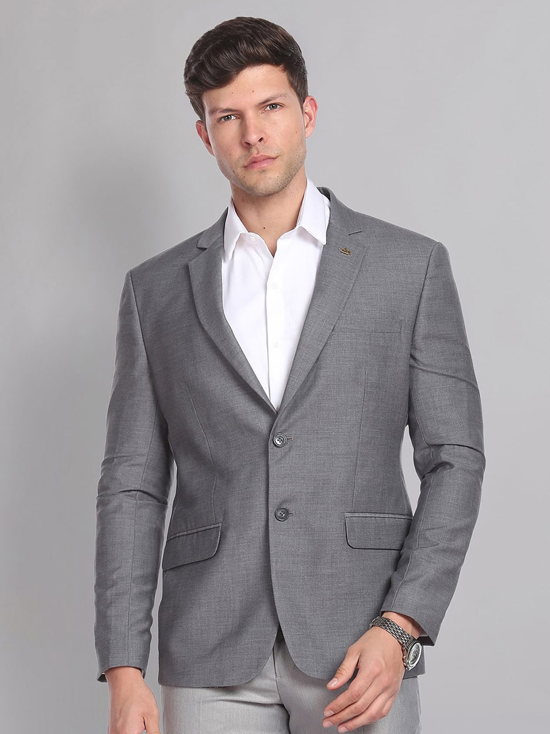 

AD By Arvind Men Grey Self-Design Tailor-Fit Single-Breasted Formal Blazer