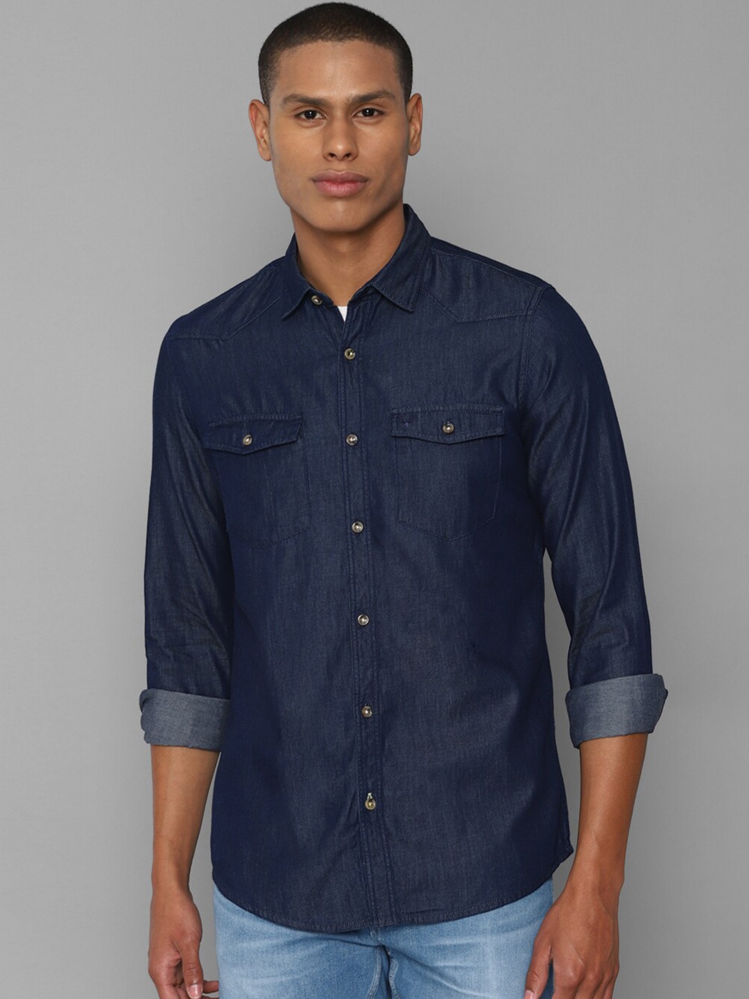 

Allen Solly Men Navy Blue Solid Cotton Casual Shirt