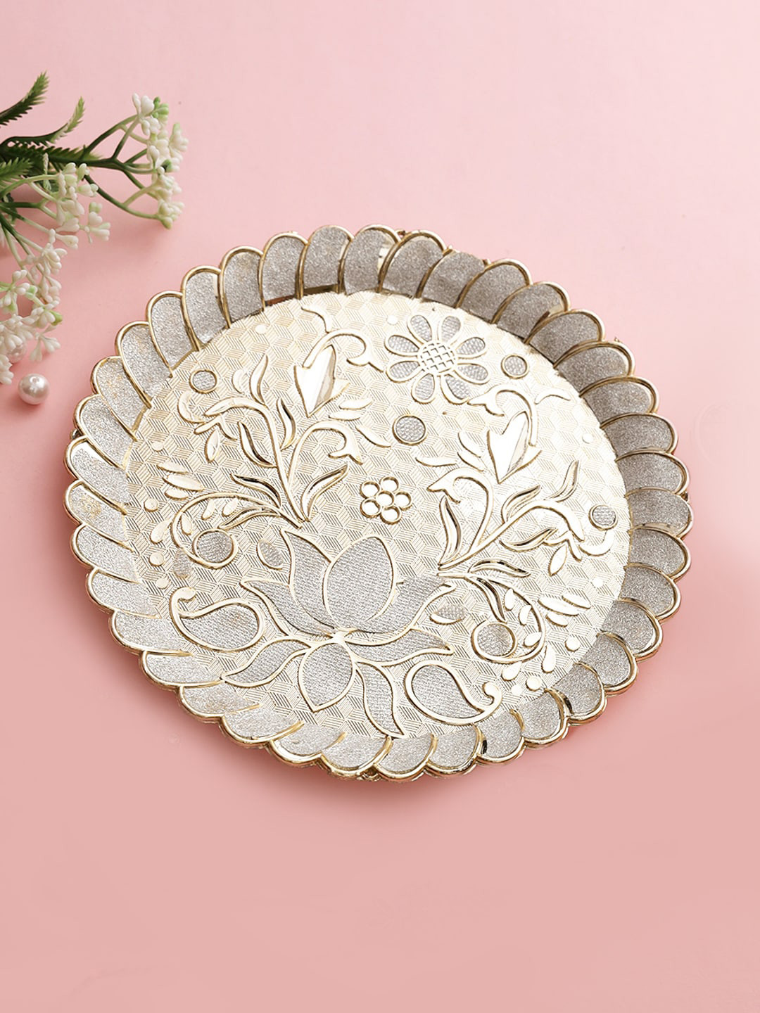 

Aapno Rajasthan Silver & Gold-Toned Floral Shimmer Pooja Thali