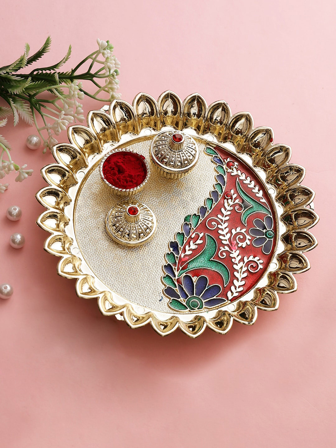 

Aapno Rajasthan Gold-Toned Meenakari Pooja Thali