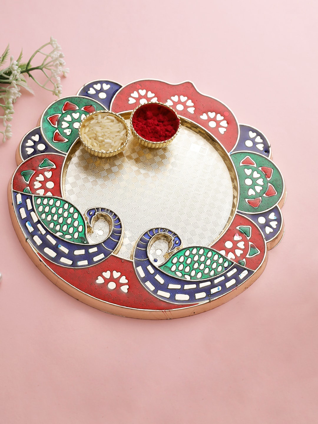

Aapno Rajasthan Red & Green Peacock Shape Pooja Thali