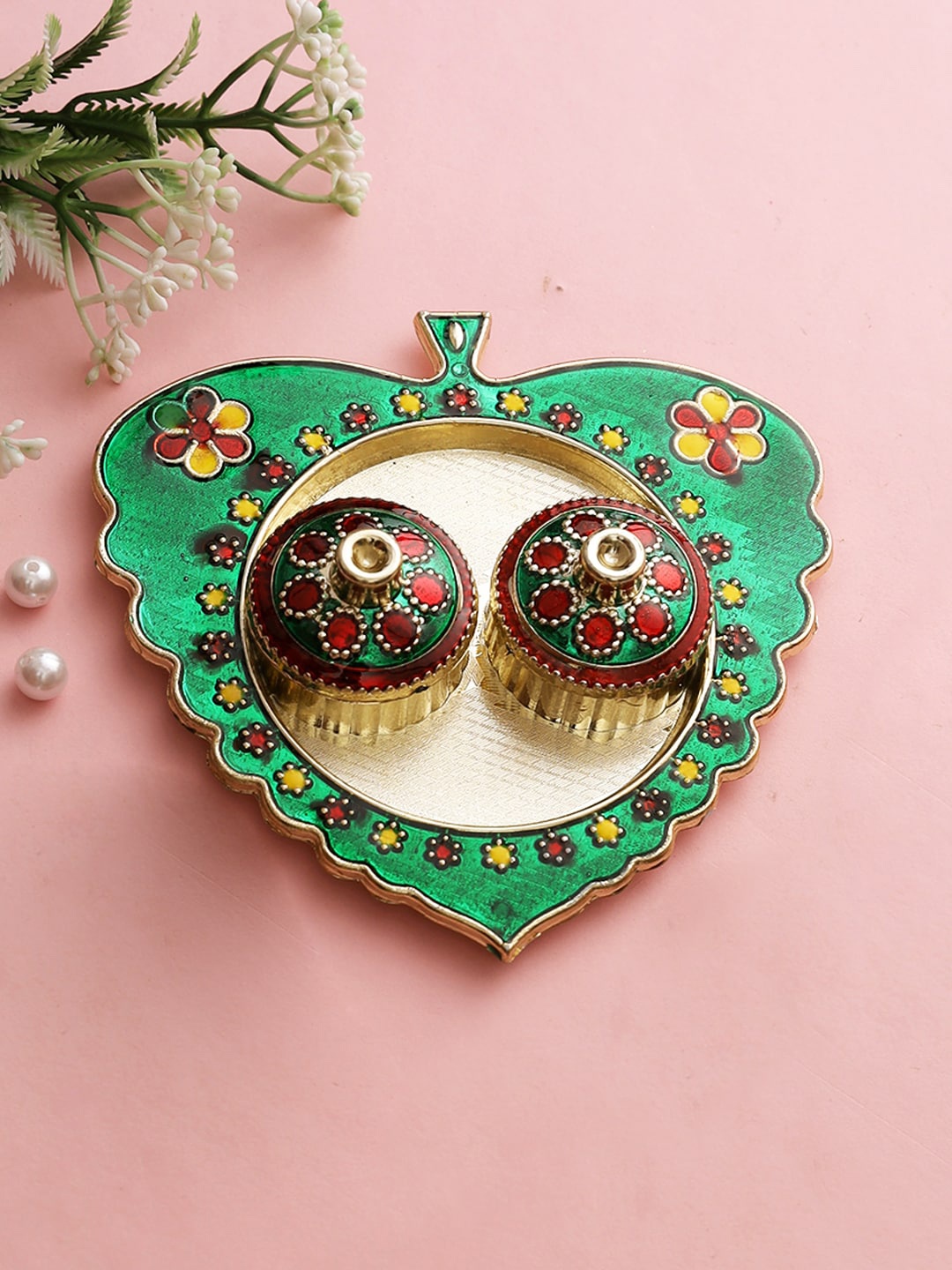 

Aapno Rajasthan Green & Gold-Toned Traditional Style Paan Leaf Shape Pooja Thali