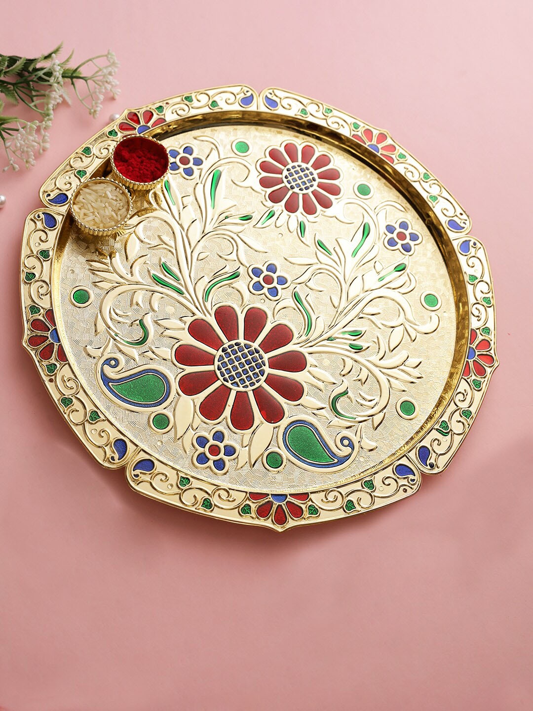 

Aapno Rajasthan Gold-Toned & Red Printed Pooja Thali