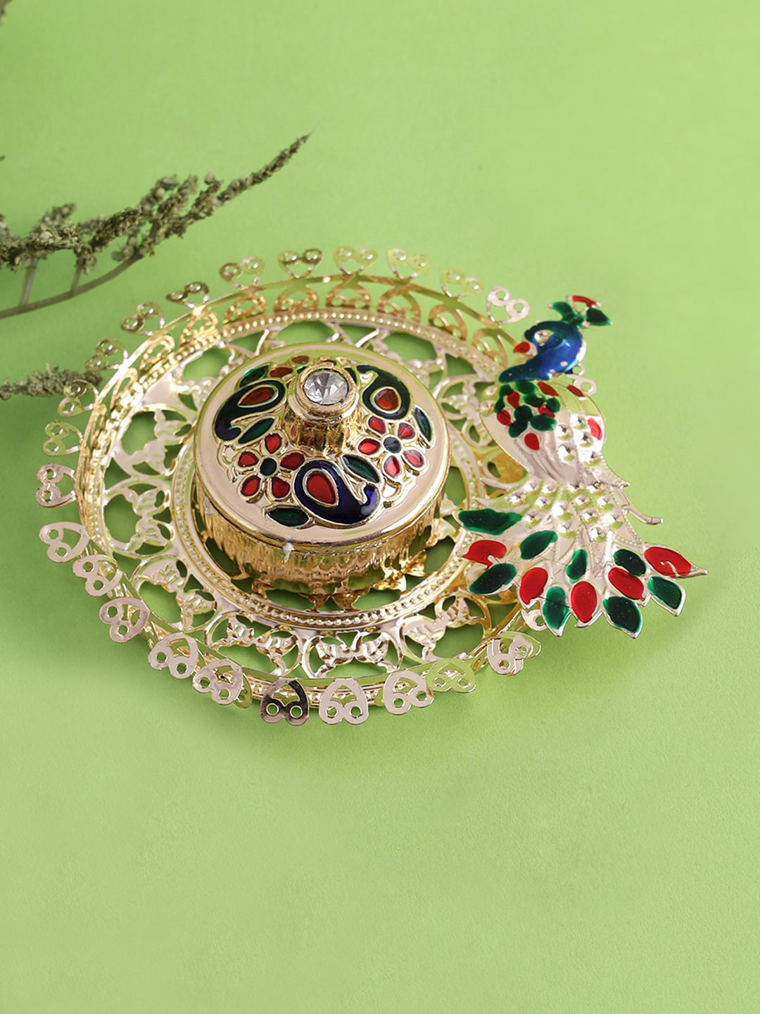 

Aapno Rajasthan Gold-Toned & Red Textured Peacock Charm Pooja Thali