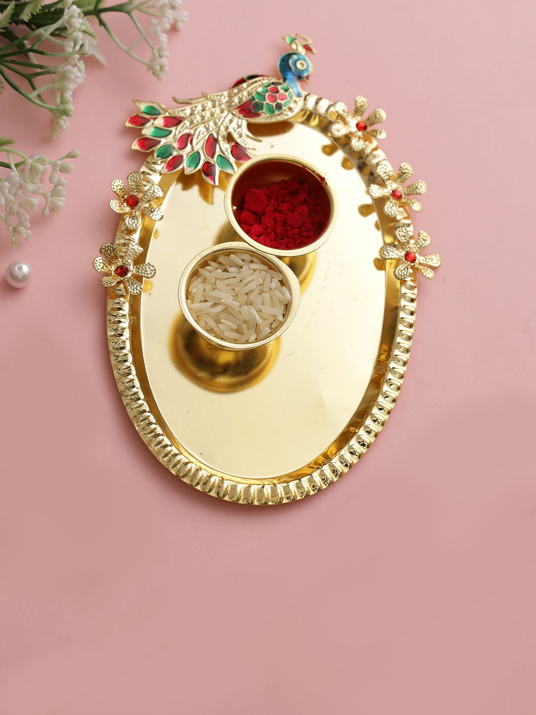 

Aapno Rajasthan Gold-Toned Peacock Pooja Thali