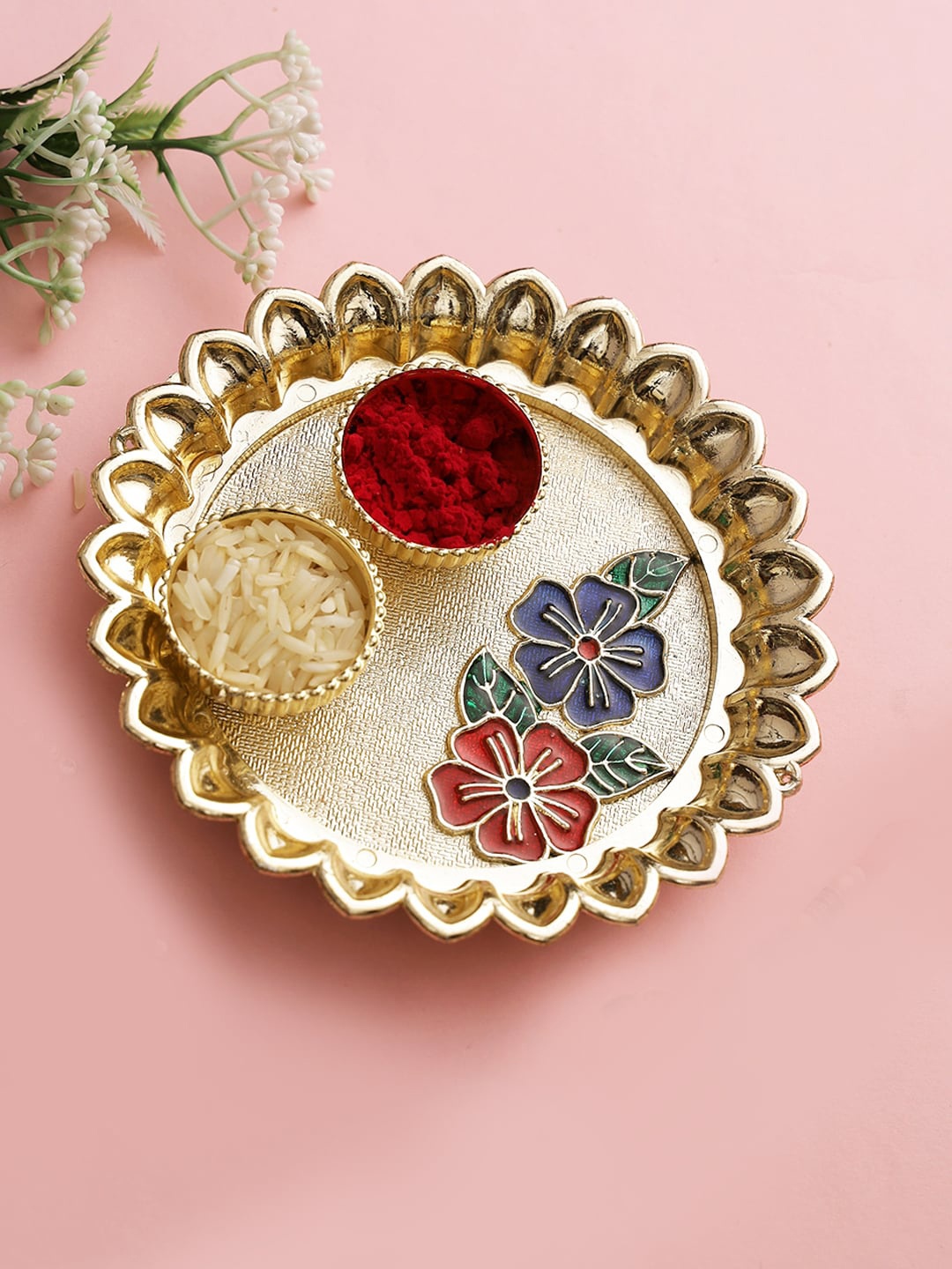 

Aapno Rajasthan Gold-Toned & Red Floral Motif Pooja Thali