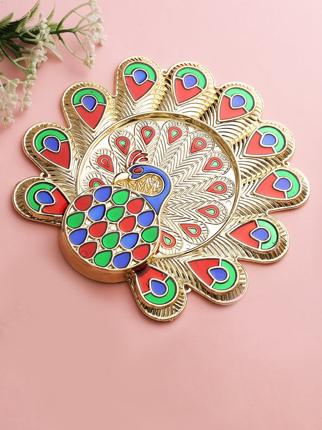 

Aapno Rajasthan Gold-Toned & Green Peacock Motif Roli Chawal Thali