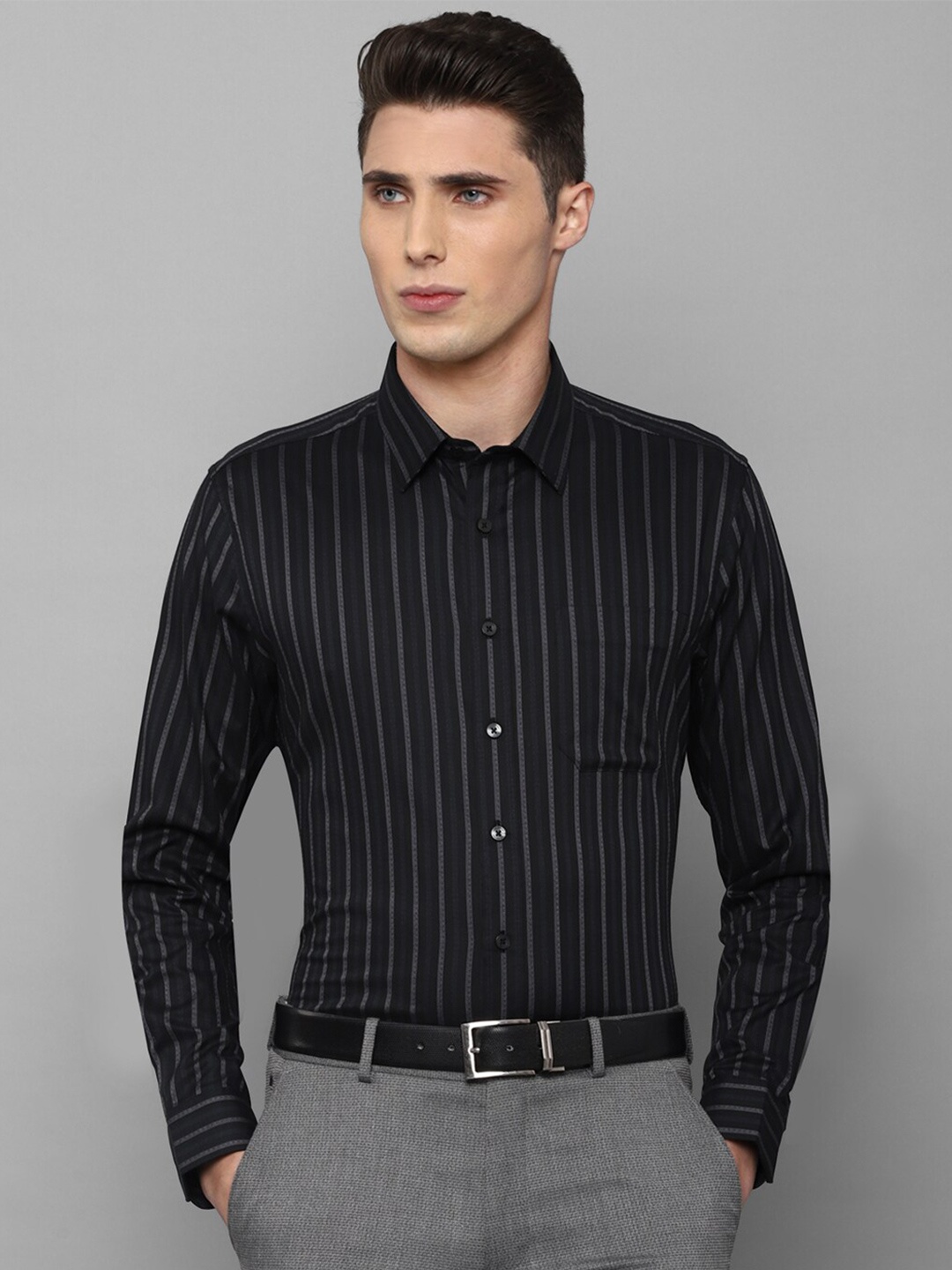 

Louis Philippe Men Black Slim Fit Striped Formal Shirt