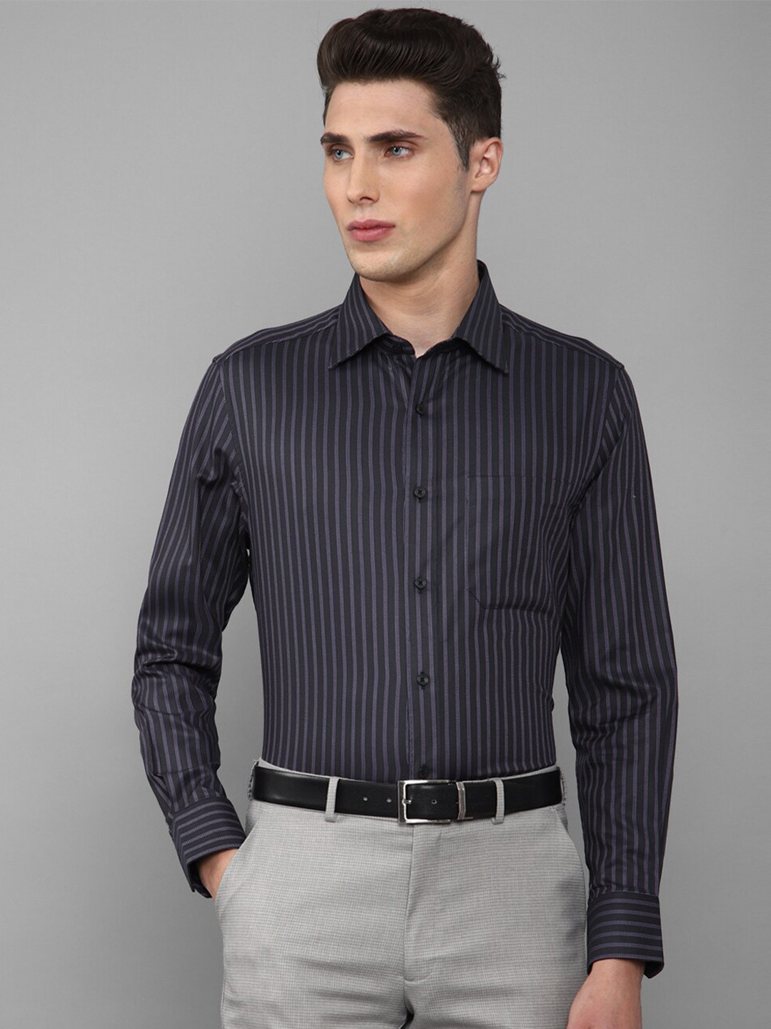 

Louis Philippe Men Grey Slim Fit Striped Formal Shirt