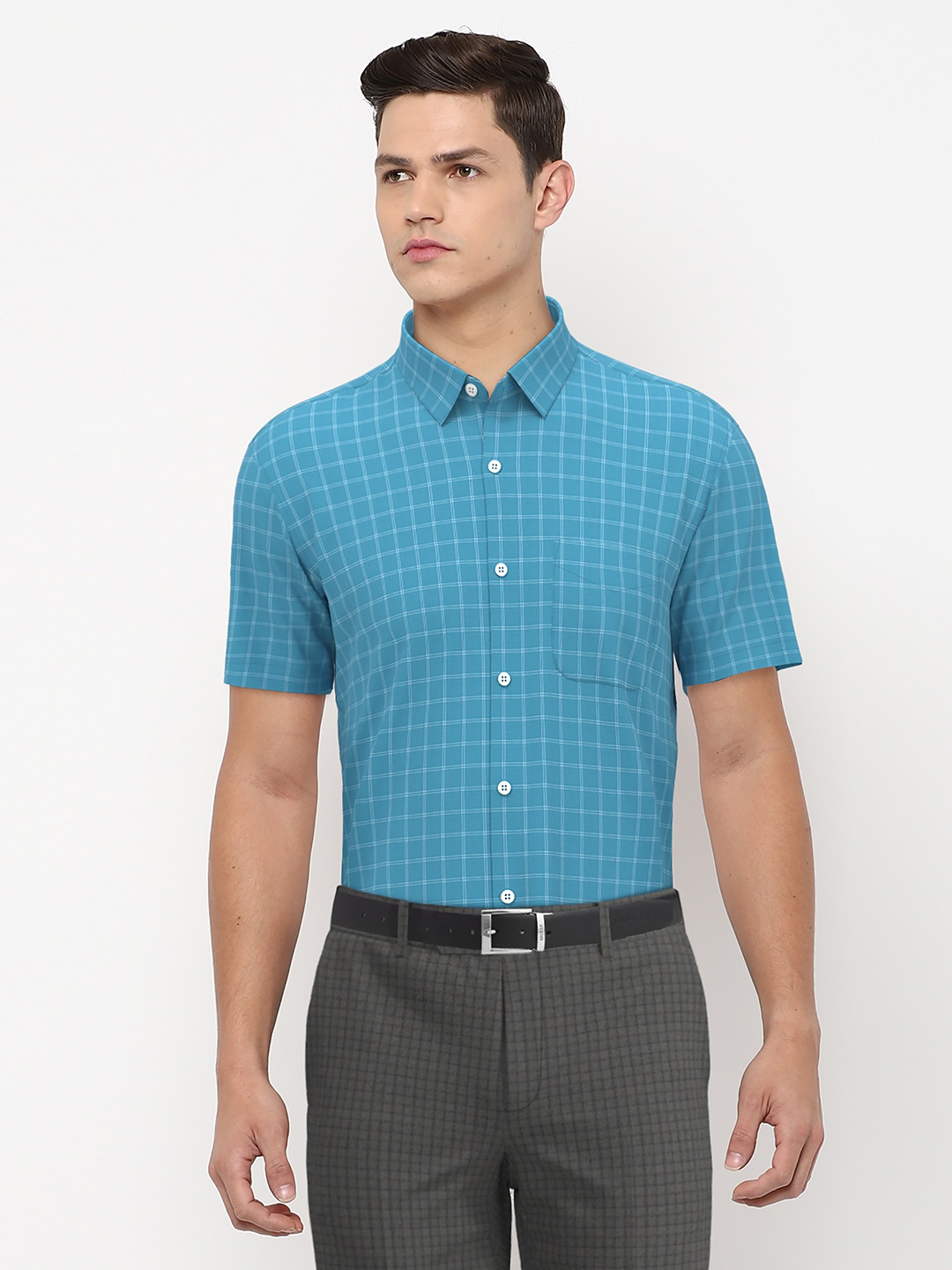 

Peter England Men Blue Grid Tattersall Checks Checked Formal Shirt