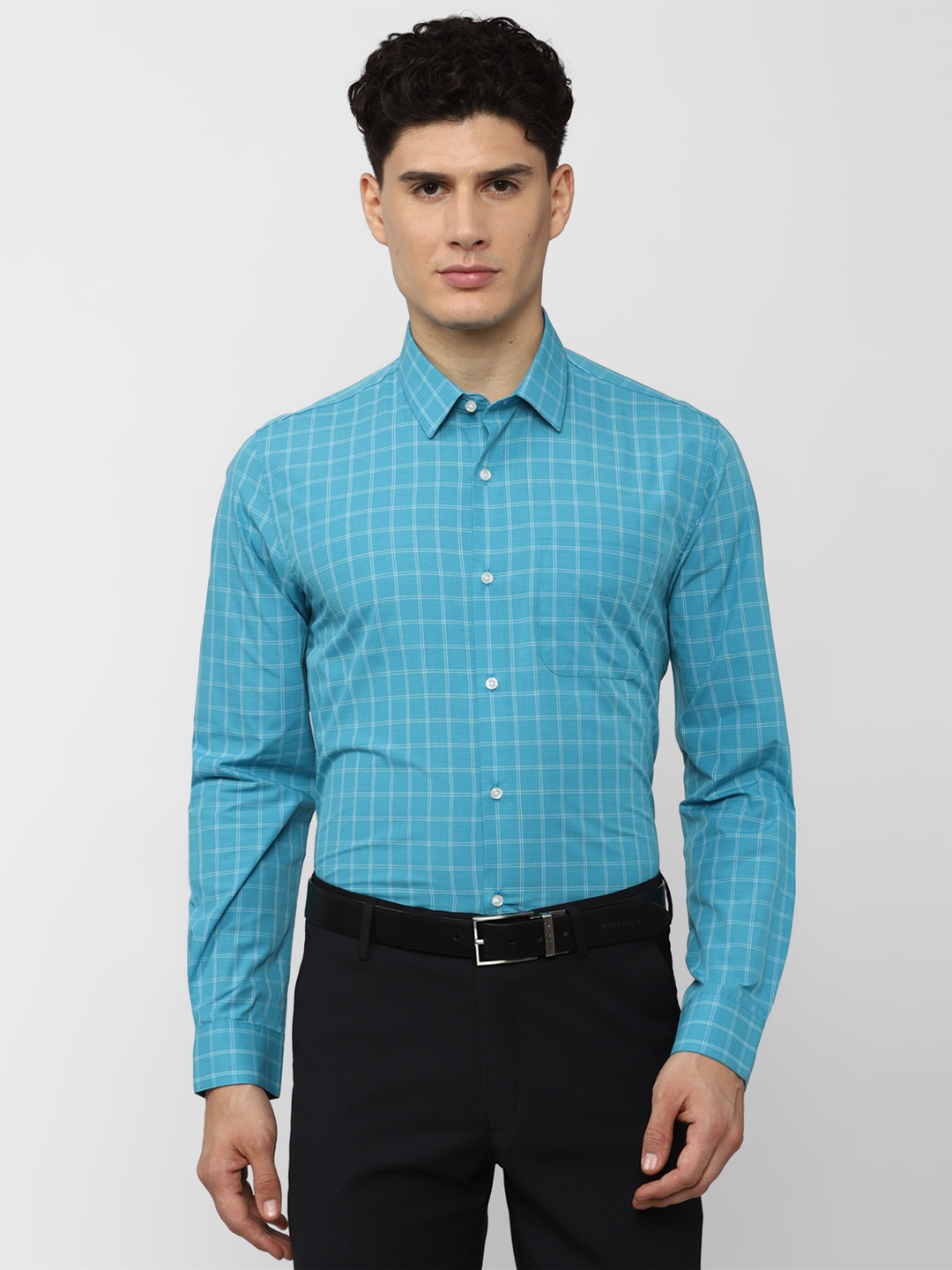 

Peter England Men Blue Grid Tattersall Checks Checked Formal Shirt