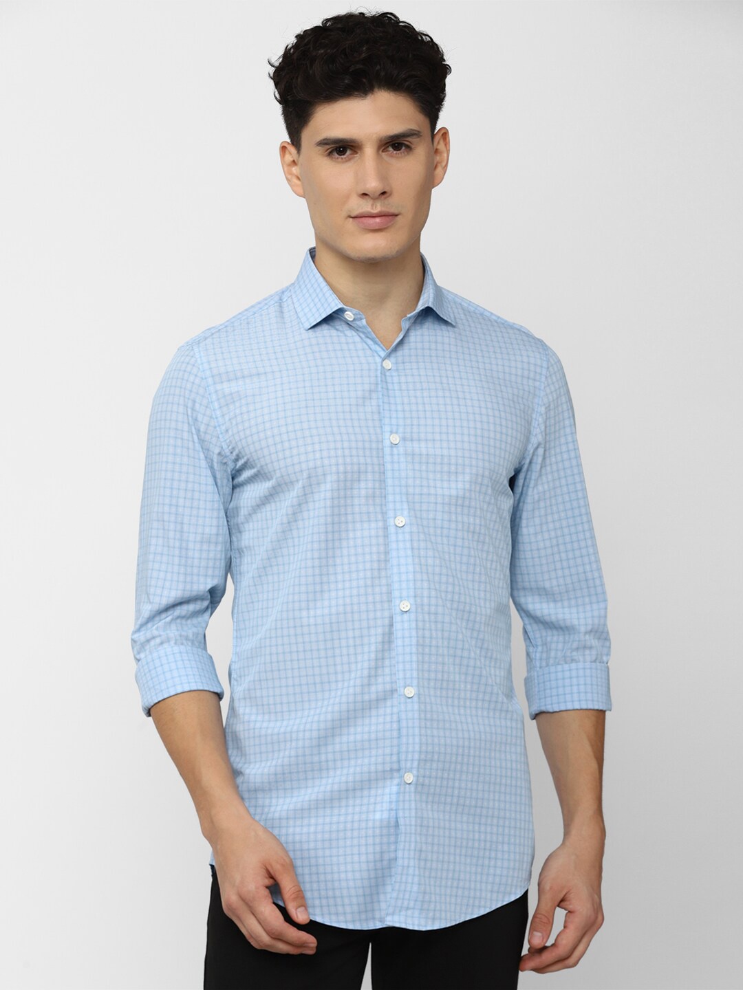 

Peter England Men Blue Slim Fit Grid Tattersall Checks Checked Formal Shirt