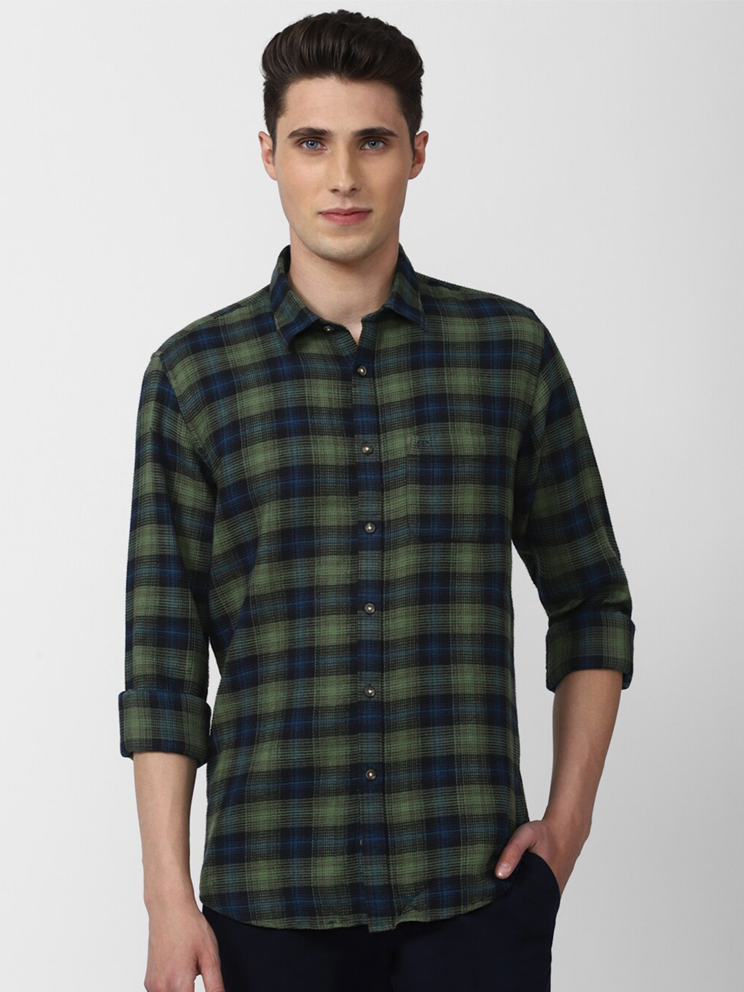 

Peter England Casuals Men Olive Green Slim Fit Tartan Checks Checked Casual Shirt