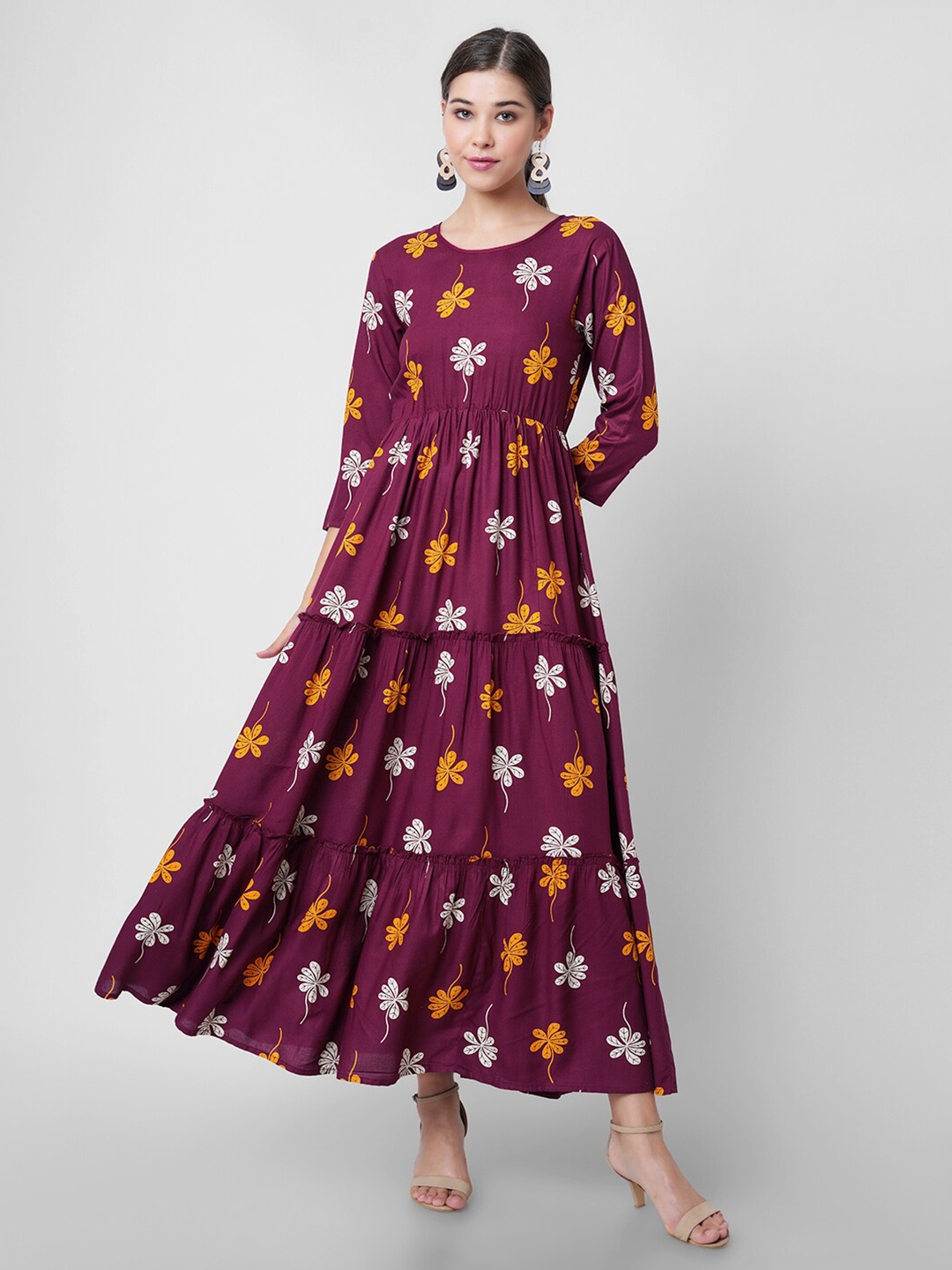 

DRESSAR Maroon Floral Maxi Maxi Dress