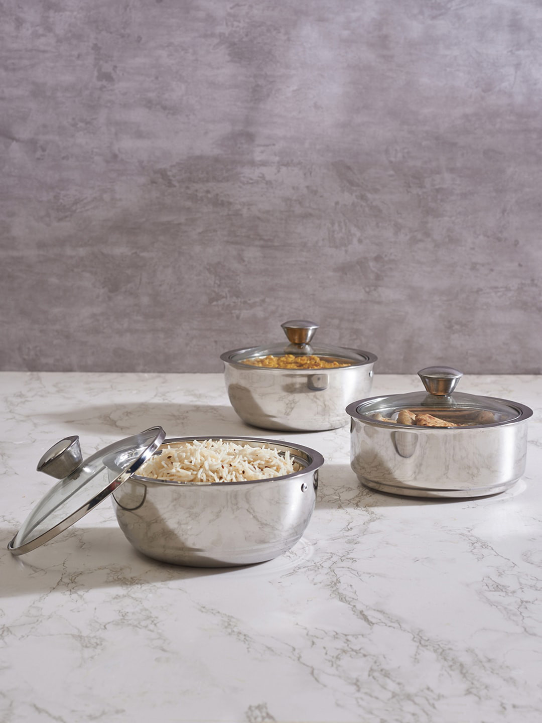 

HomeTown Set Of 3 Silver-Toned Double Wall Insulated Serving Casserole