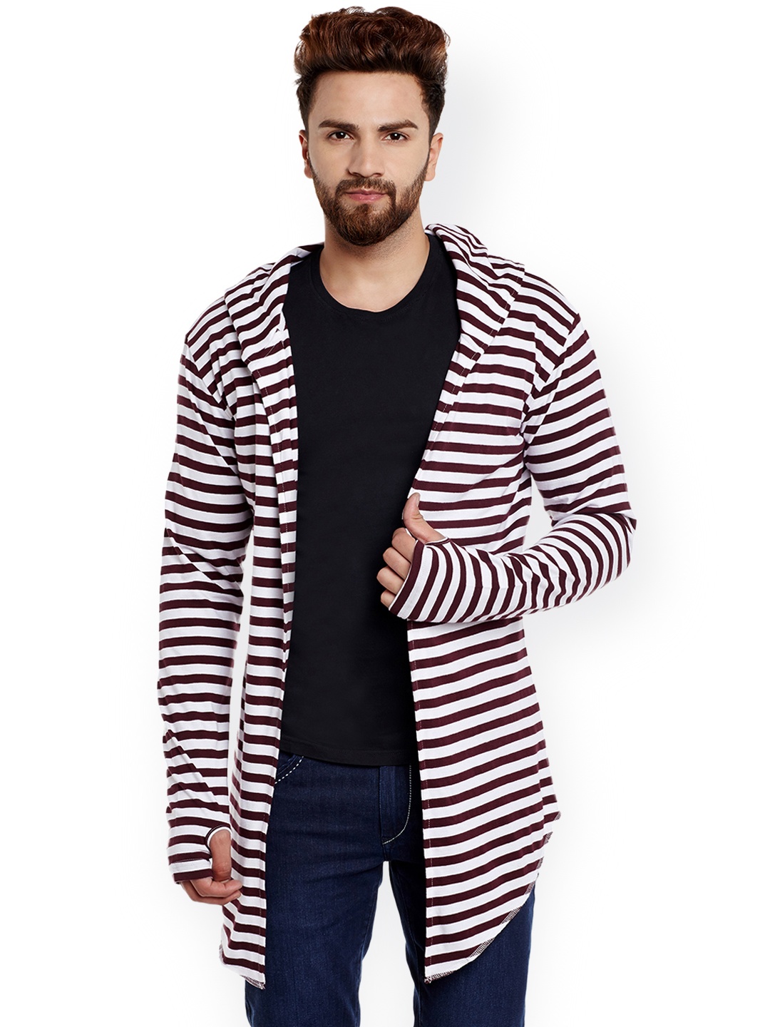 

CHILL WINSTON Men Burgundy & White Striped Hooded Cardigan