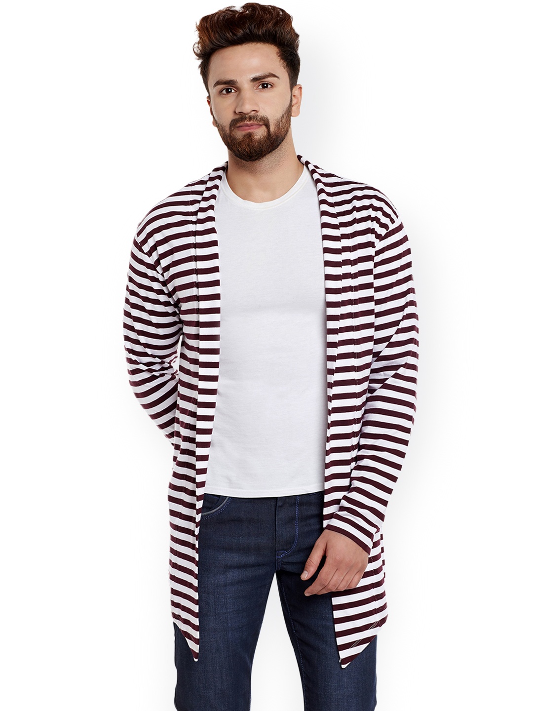 

CHILL WINSTON Men Burgundy & White Striped Cardigan