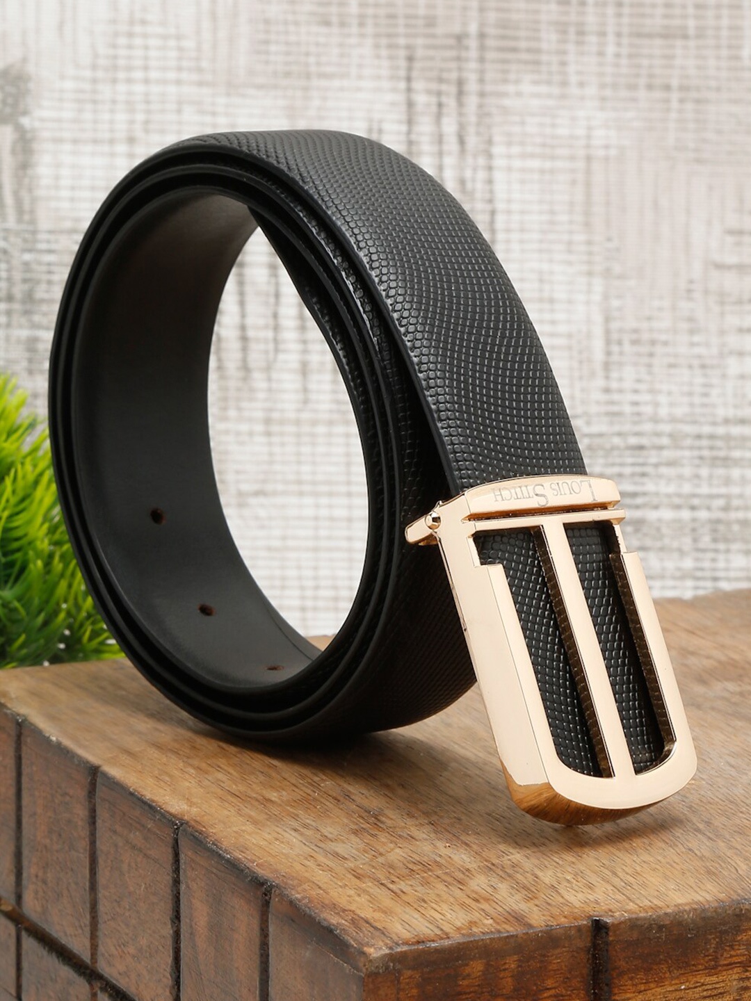 

LOUIS STITCH Men Black Leather Formal Belt