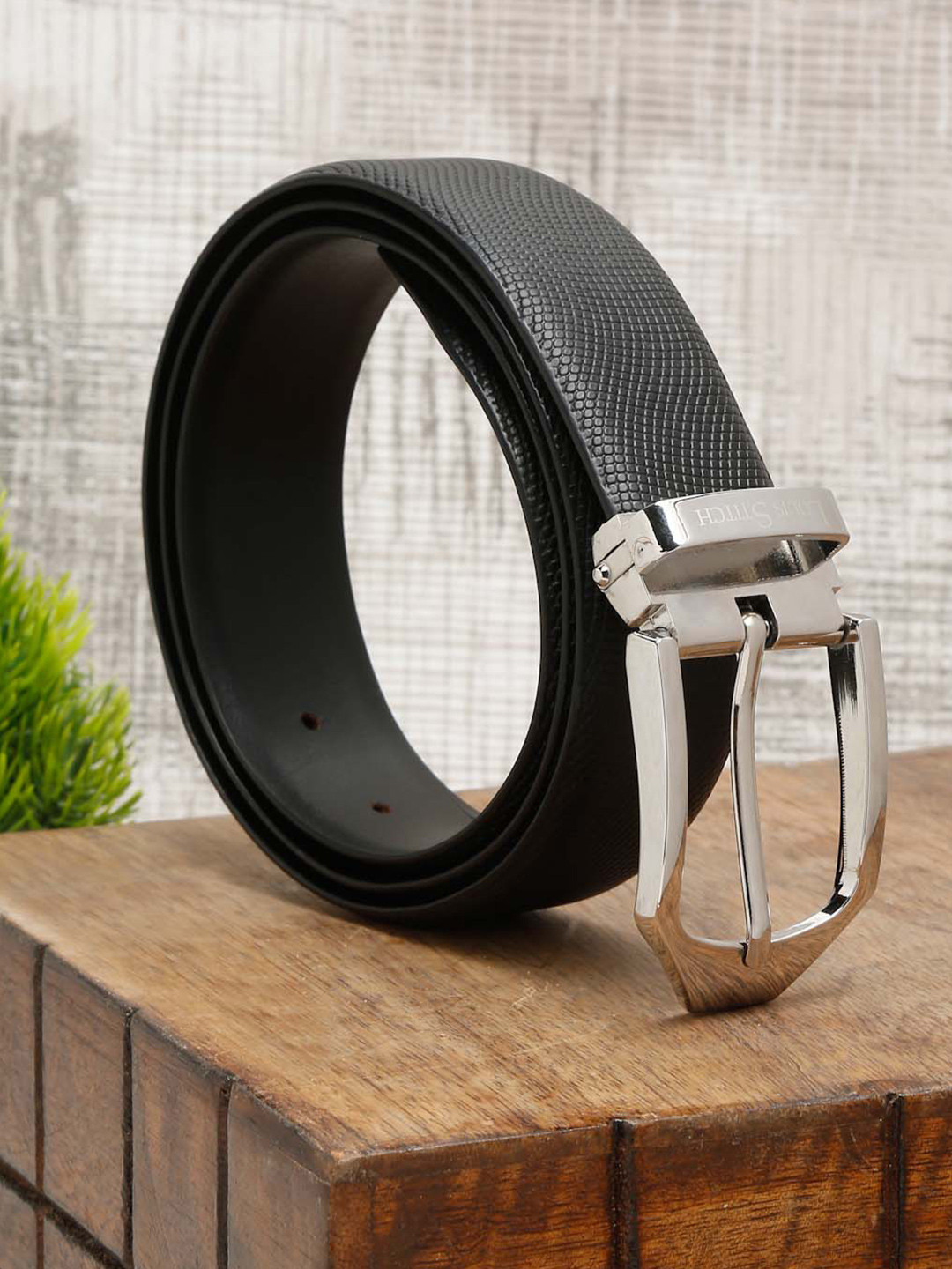 

LOUIS STITCH Men Black Leather Formal Belt