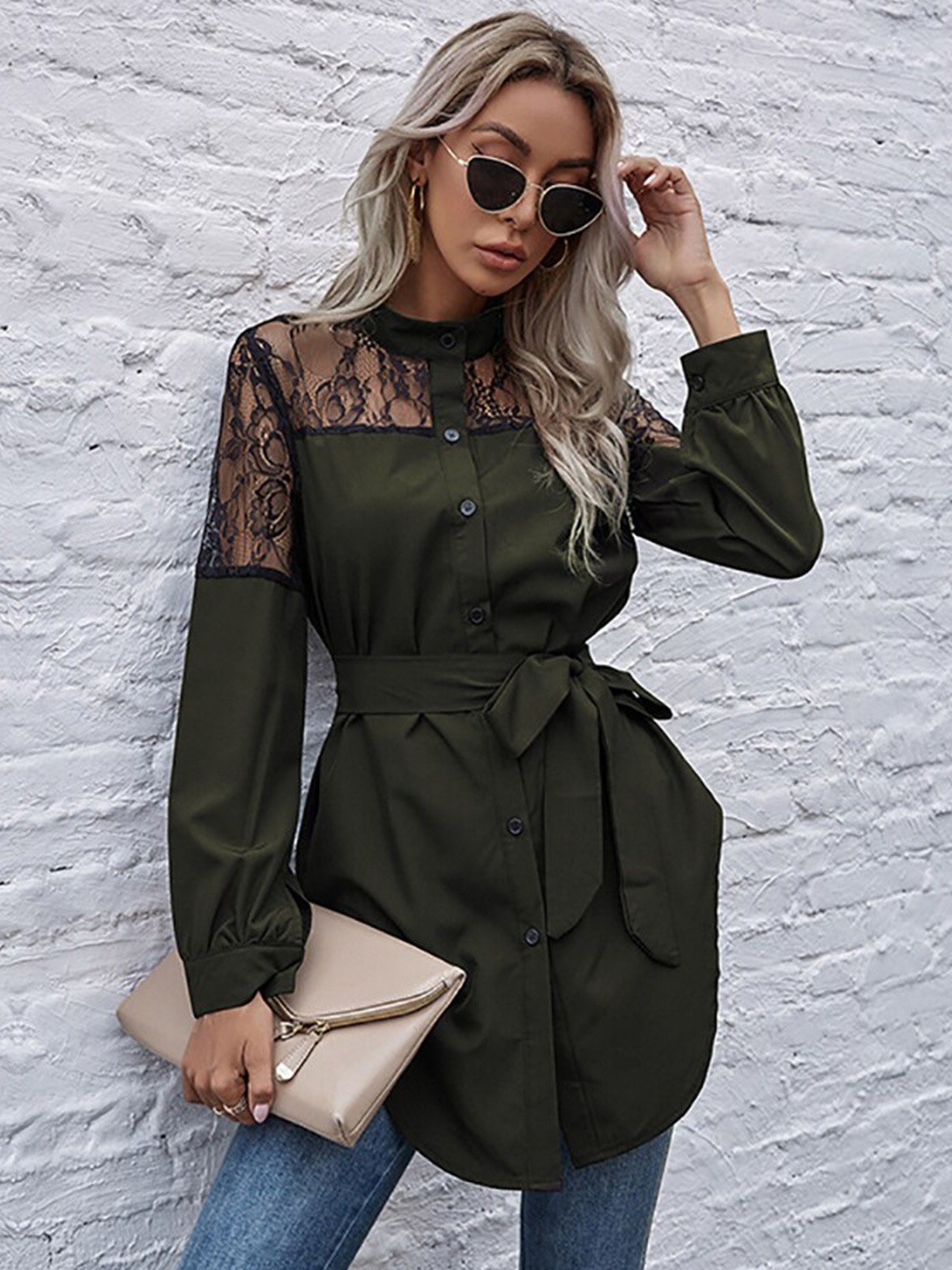 

StyleCast Women Olive Green Shirt Style Longline Top