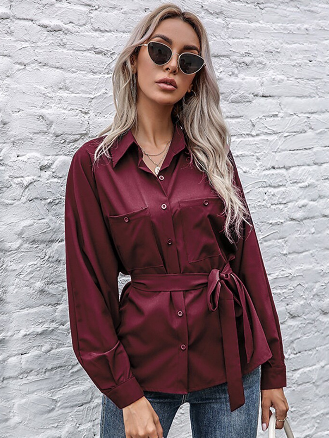 

StyleCast Maroon Print Shirt Style Top
