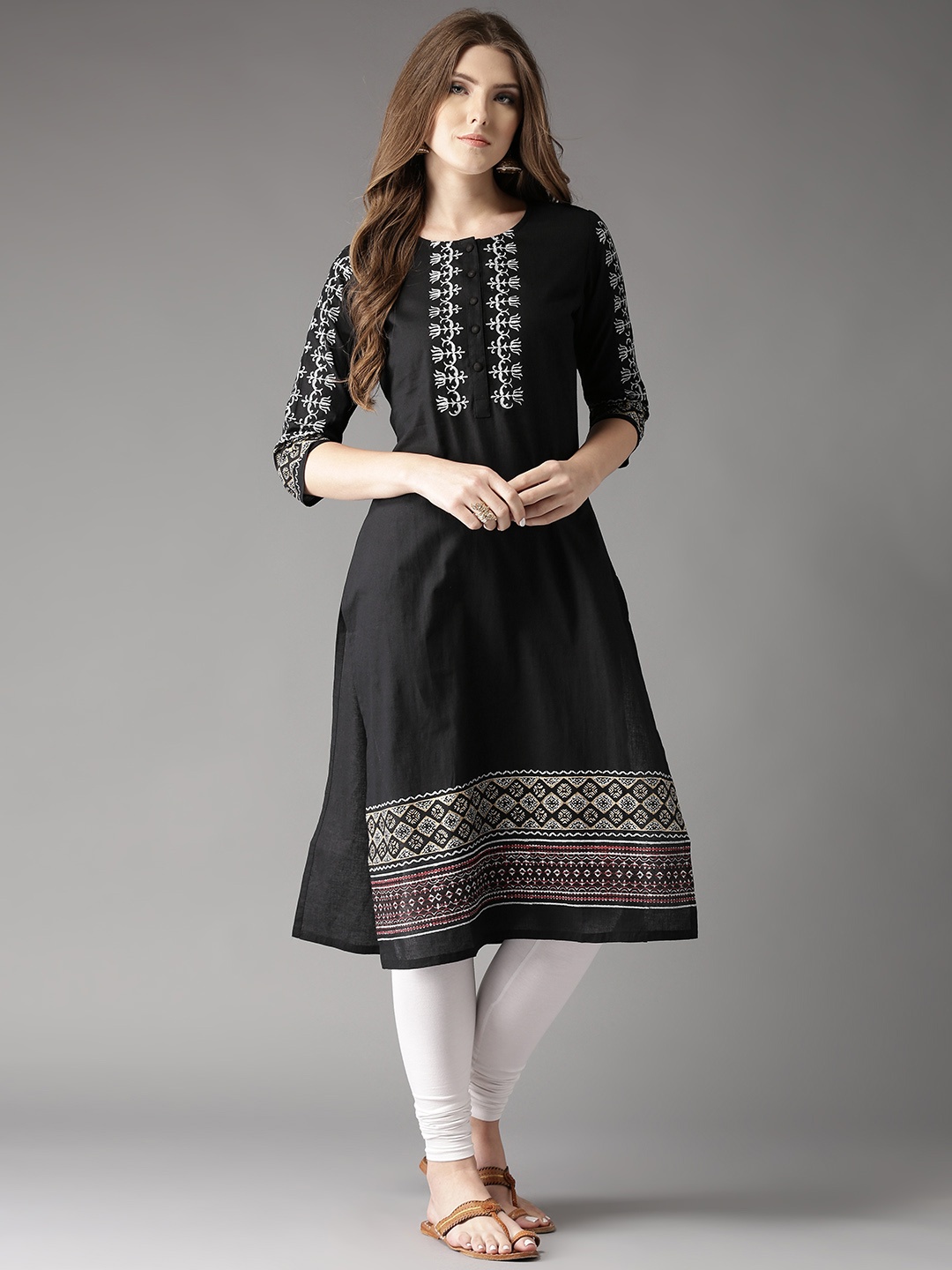 

HERE&NOW Women Black Hand Block Printed Straight Kurta