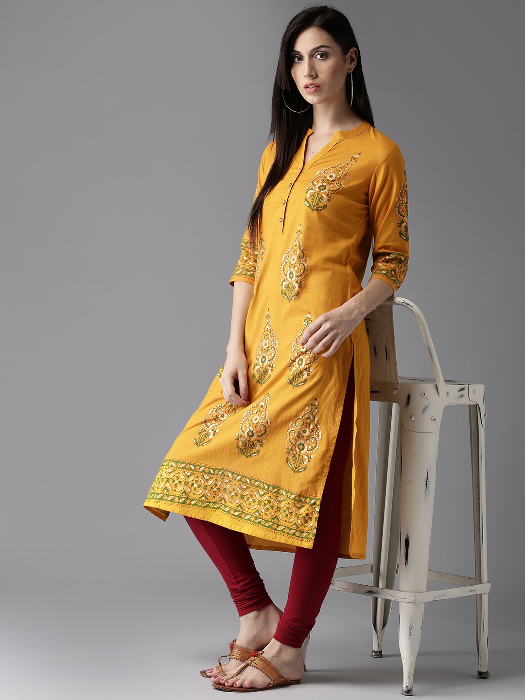 

HERE&NOW Mustard Melody Block Printed Cotton Kurta