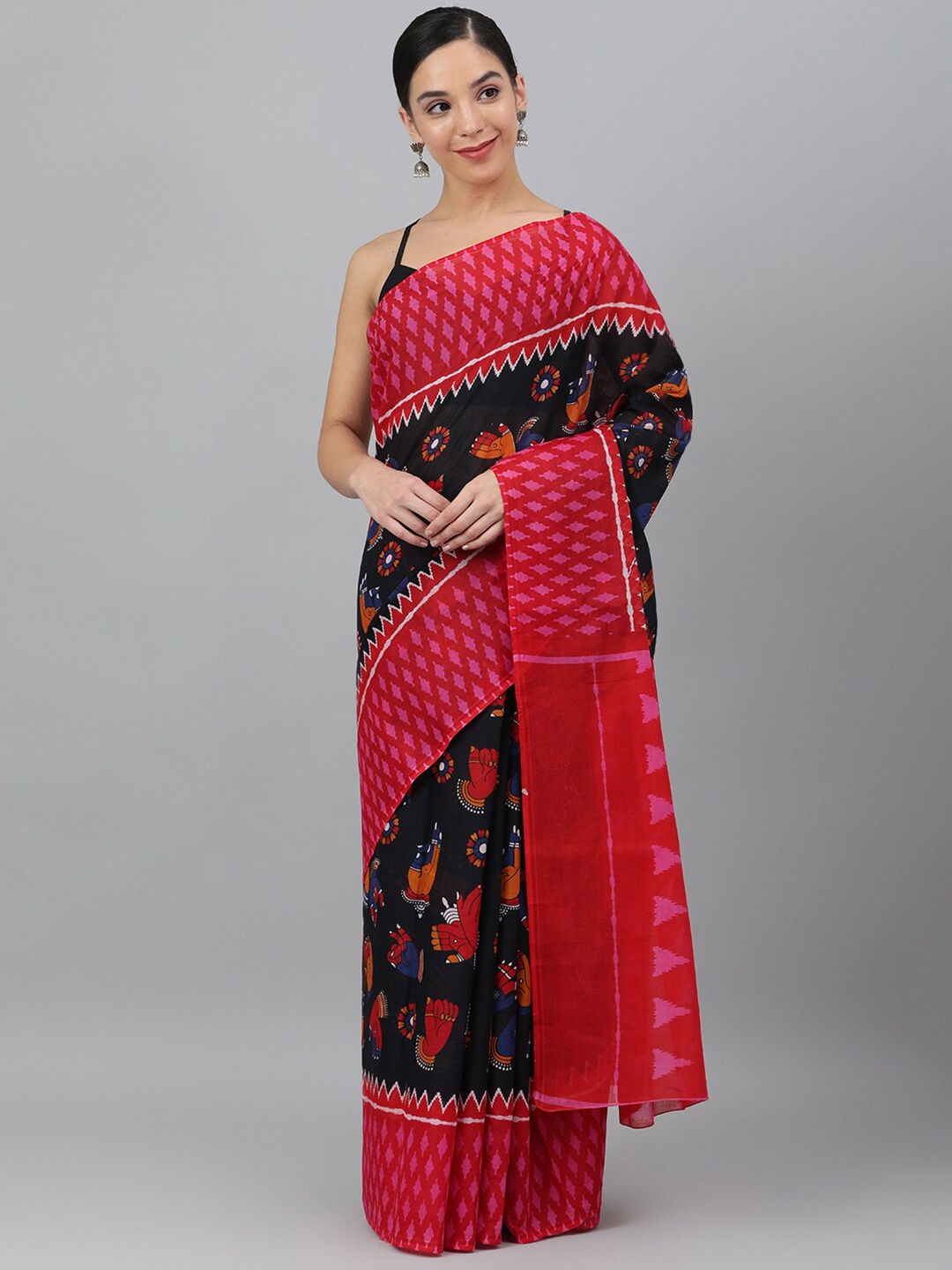 

Ragavi Pink & Black Printed Pure Cotton Fusion Saree