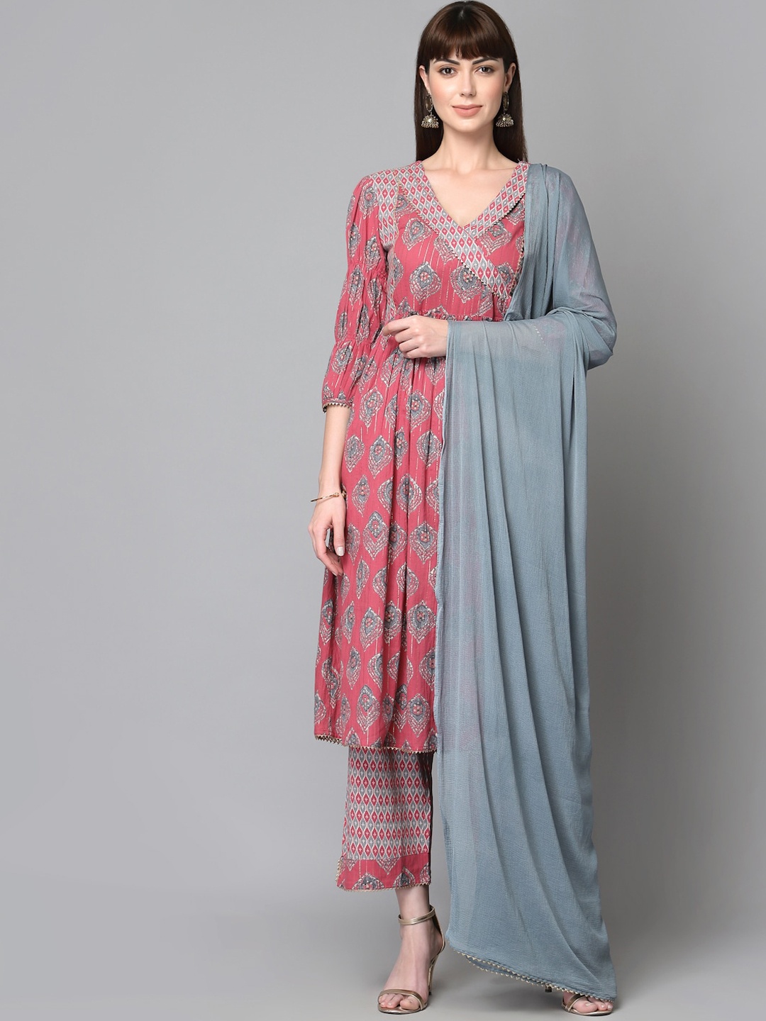 

Ragavi Women Pink Ethnic Motifs Printed Pure Cotton Kurti with Trousers & With Dupatta