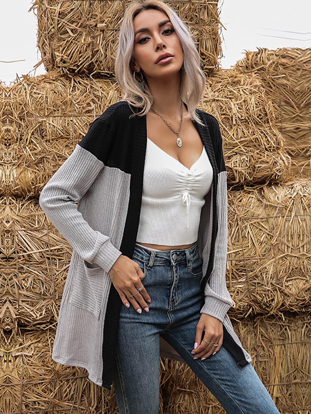 

StyleCast Women Grey & Black Colourblocked Longline Sweaters