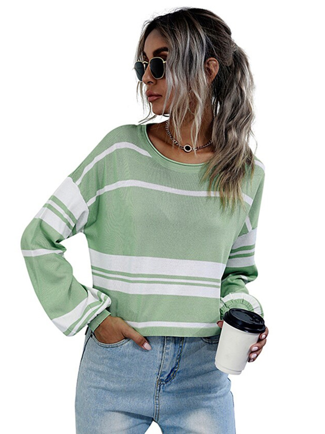 

StyleCast Women Sea Green & White Striped Crop Pullover Sweaters