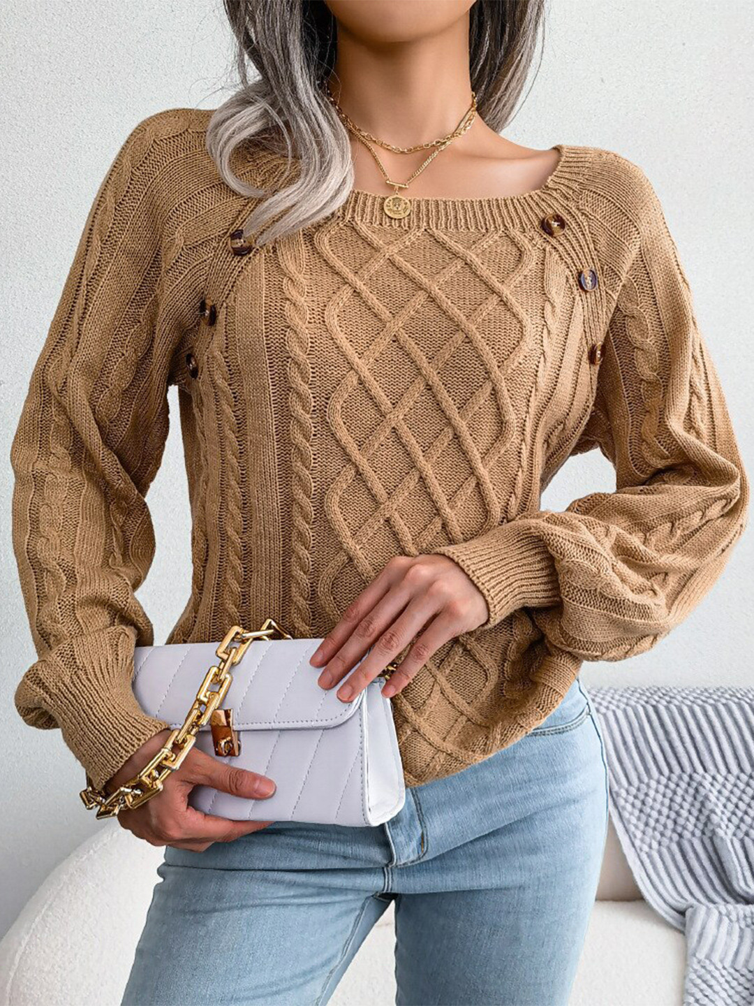 

BoStreet Women Khaki Cable Knit Acrylic Pullover