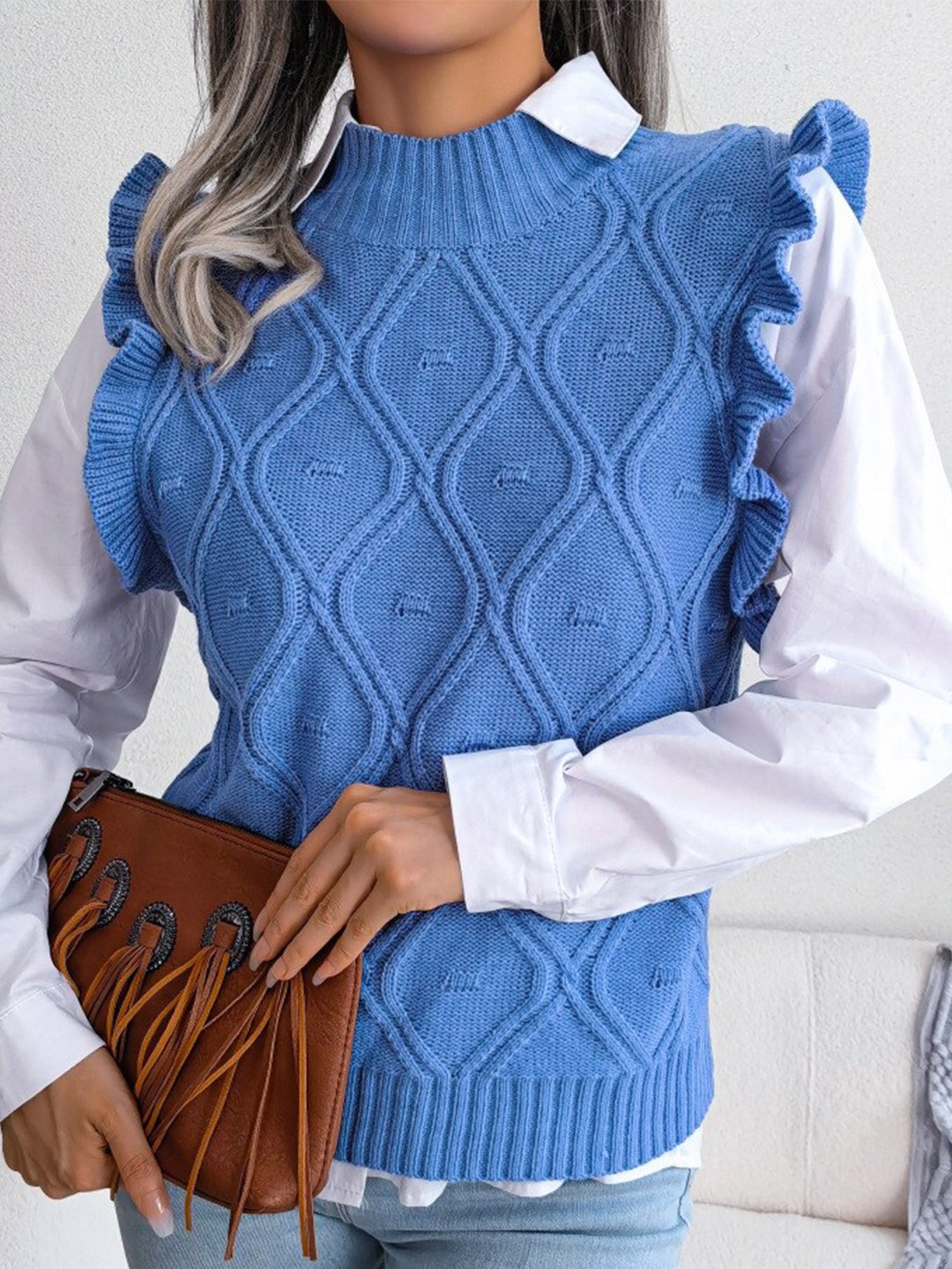 

BoStreet Women Blue Cable Knit Sweater Vest with Embellished Detail