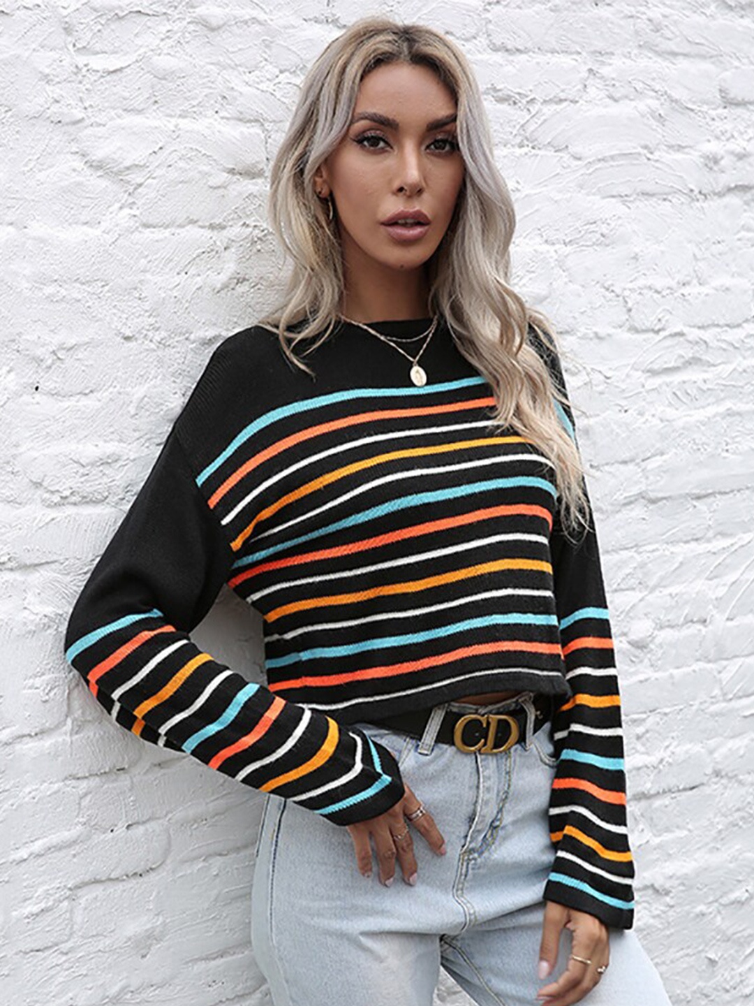 

StyleCast Women Black & Blue Striped Striped Pullover