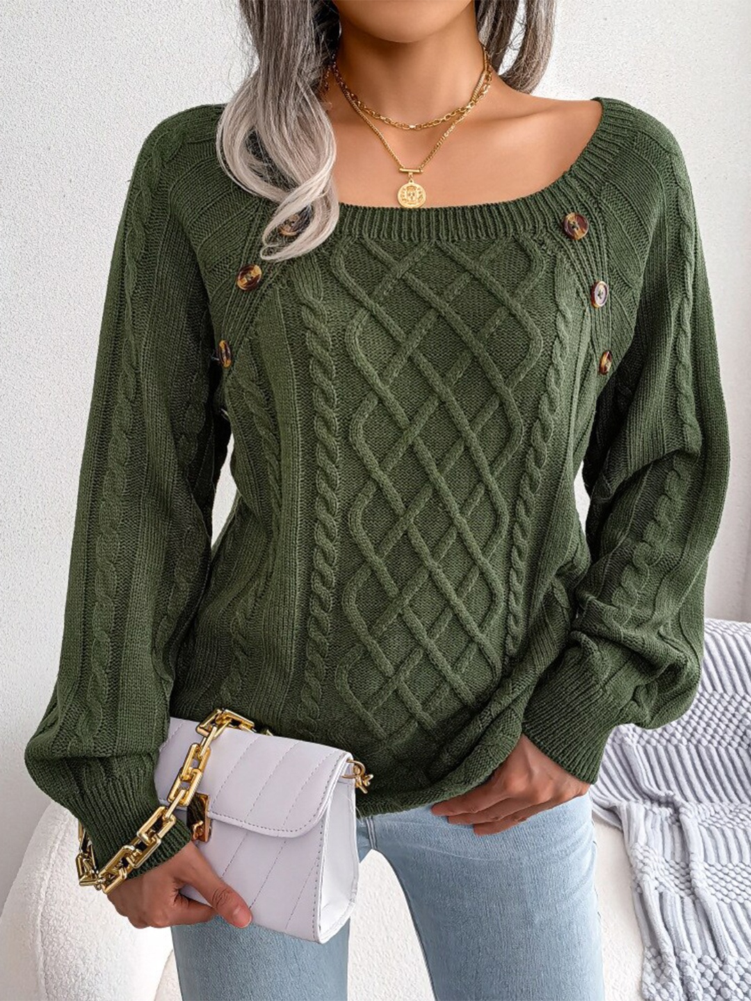 

BoStreet Women Green Cable Knit Pullover