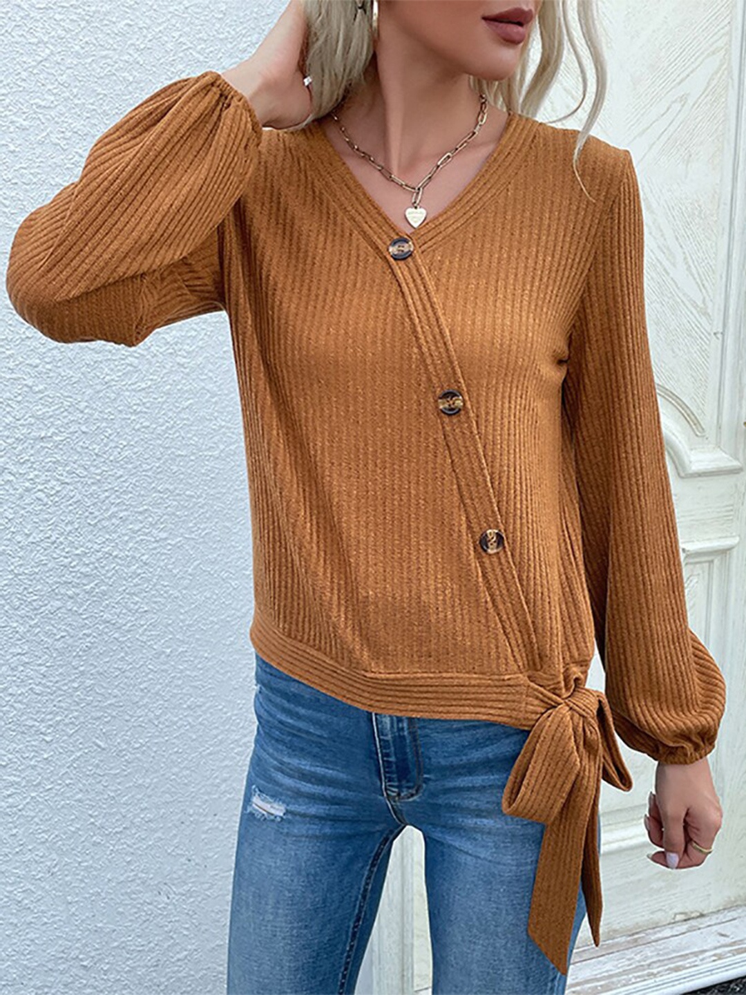 

StyleCast Women Brown Long Sleeves Waist Tie-Up Ribbed Cardigan Sweater