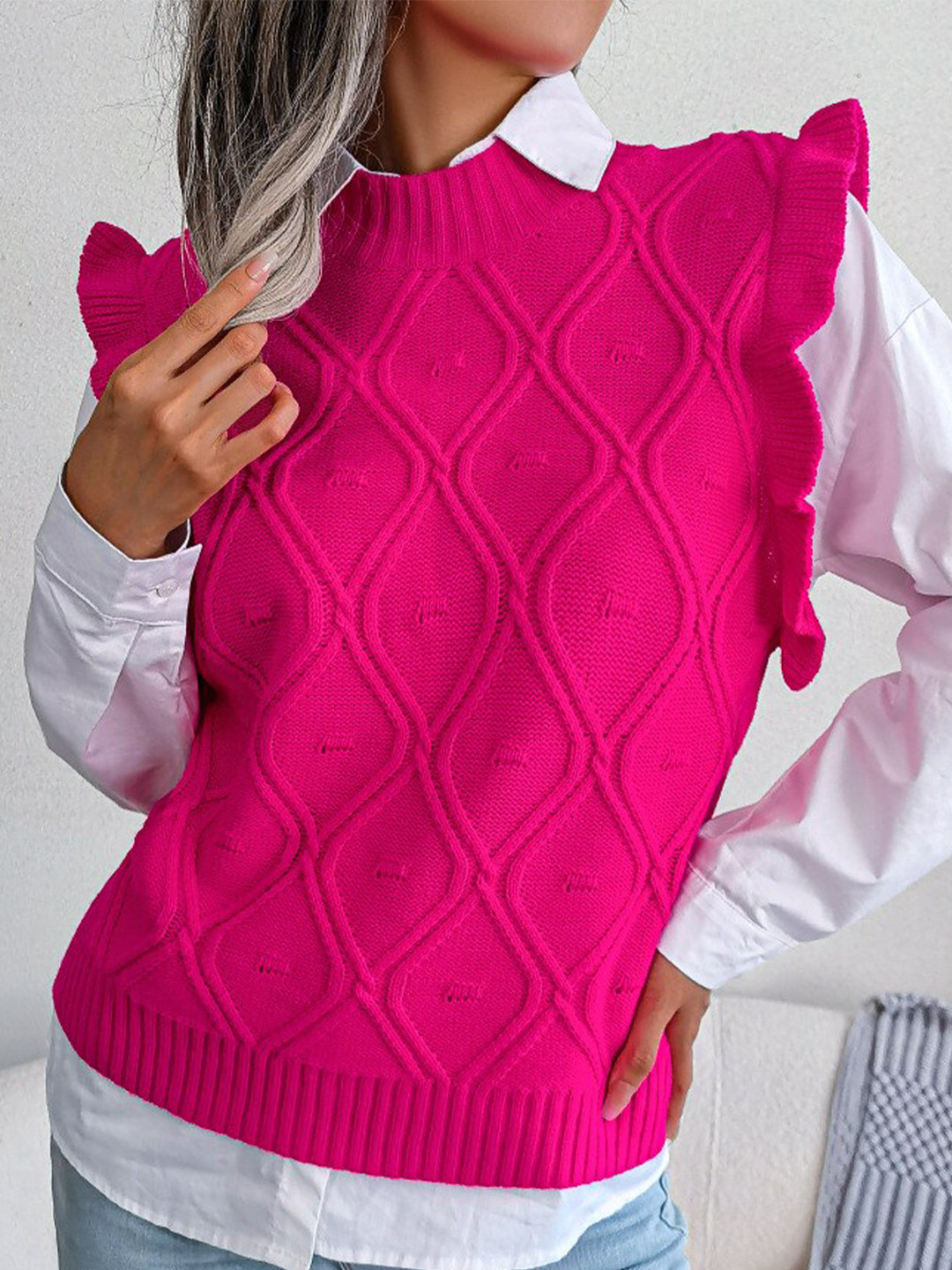 

BoStreet Women Pink Cable Knit Pullover Sweaters
