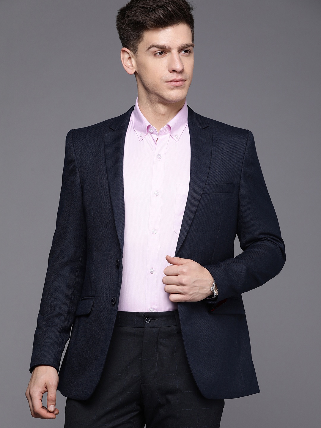 

Raymond Men Blue Slim Fit Solid Self-Design Single-Breasted Blazer
