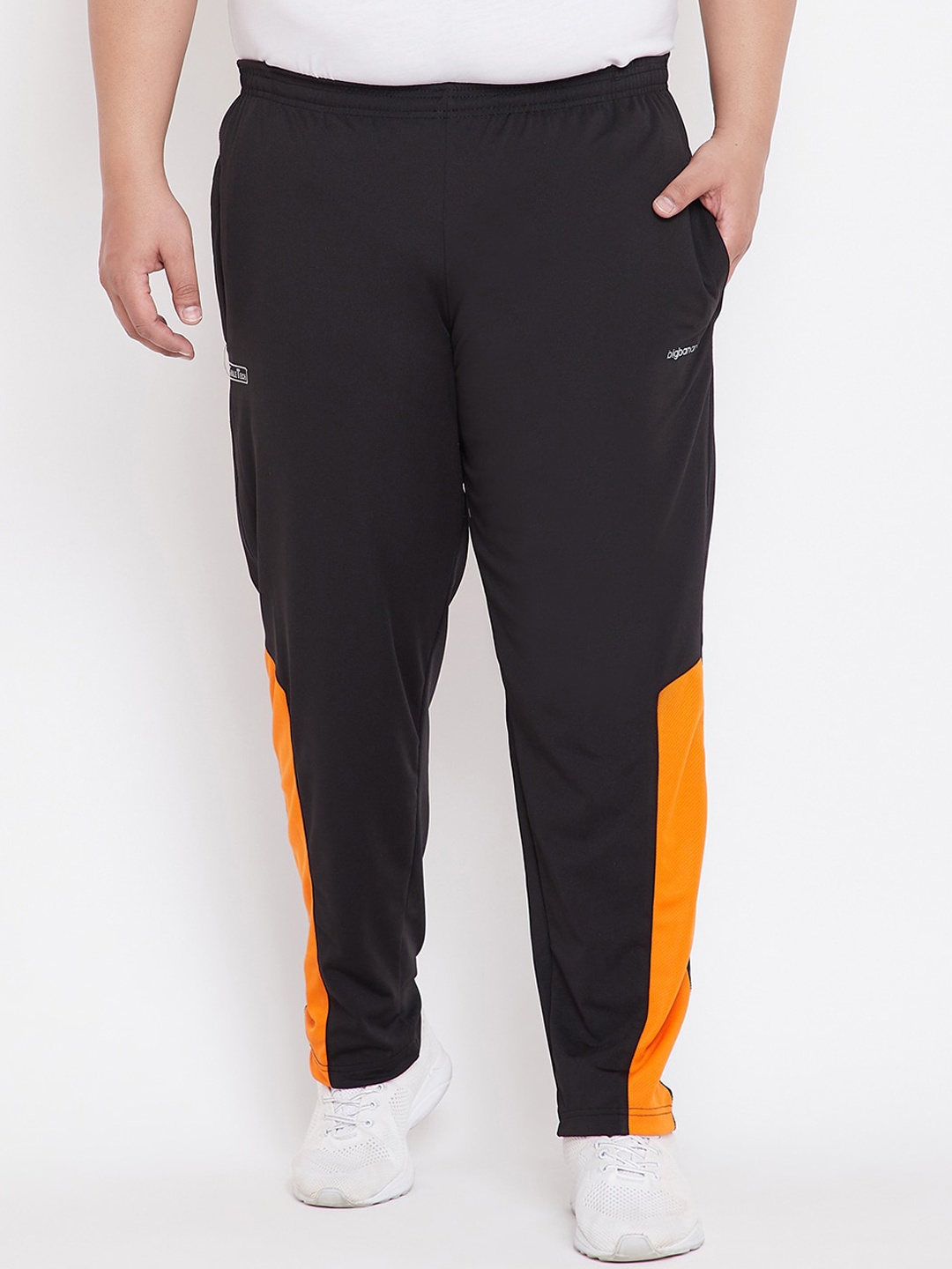 

bigbanana Men Plus Size Black & Orange Colourblocked Track Pants