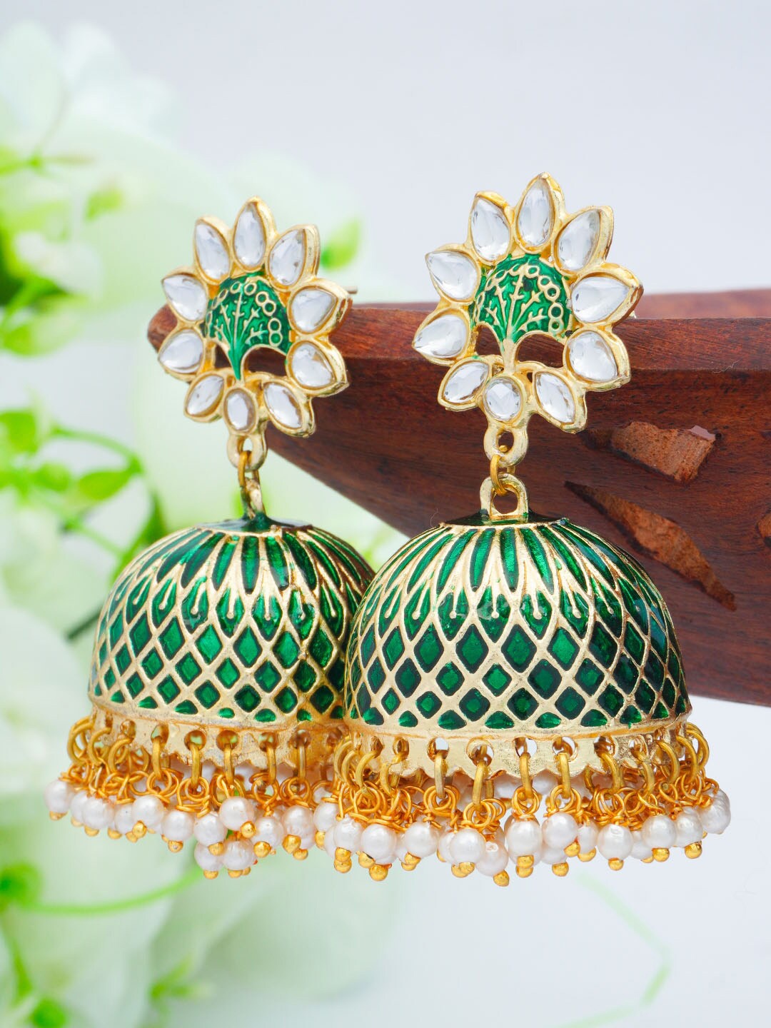 

Urmika Green Contemporary Jhumkas Earrings